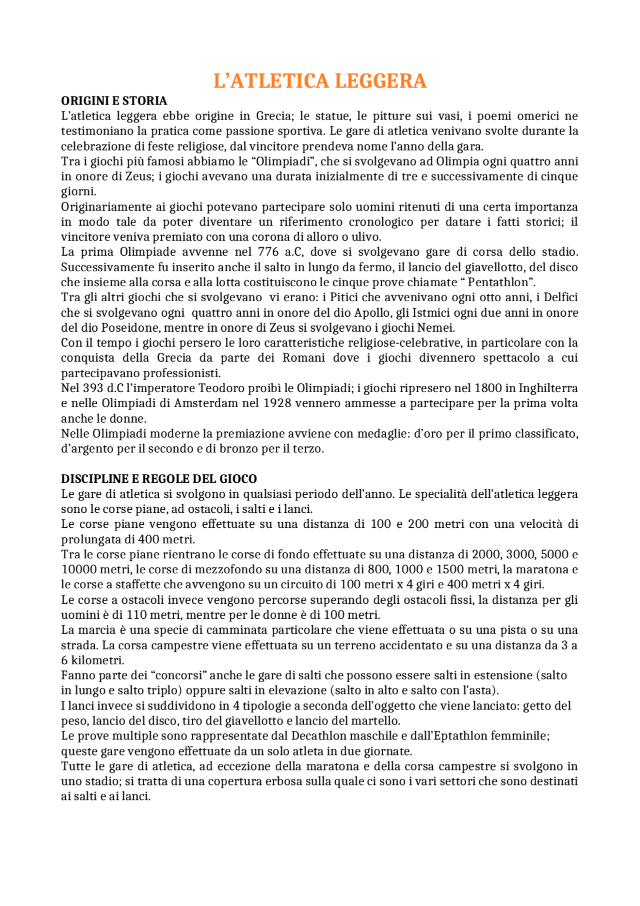 ATLETICA LEGGERA E OLIMPIADI Docsity