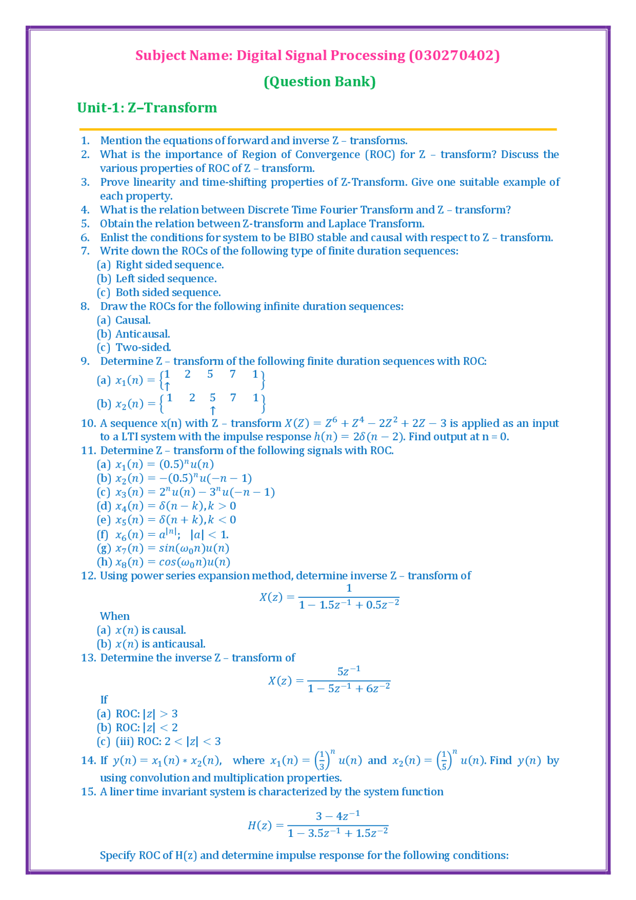 Digital Signal Processing Question Bank - Docsity