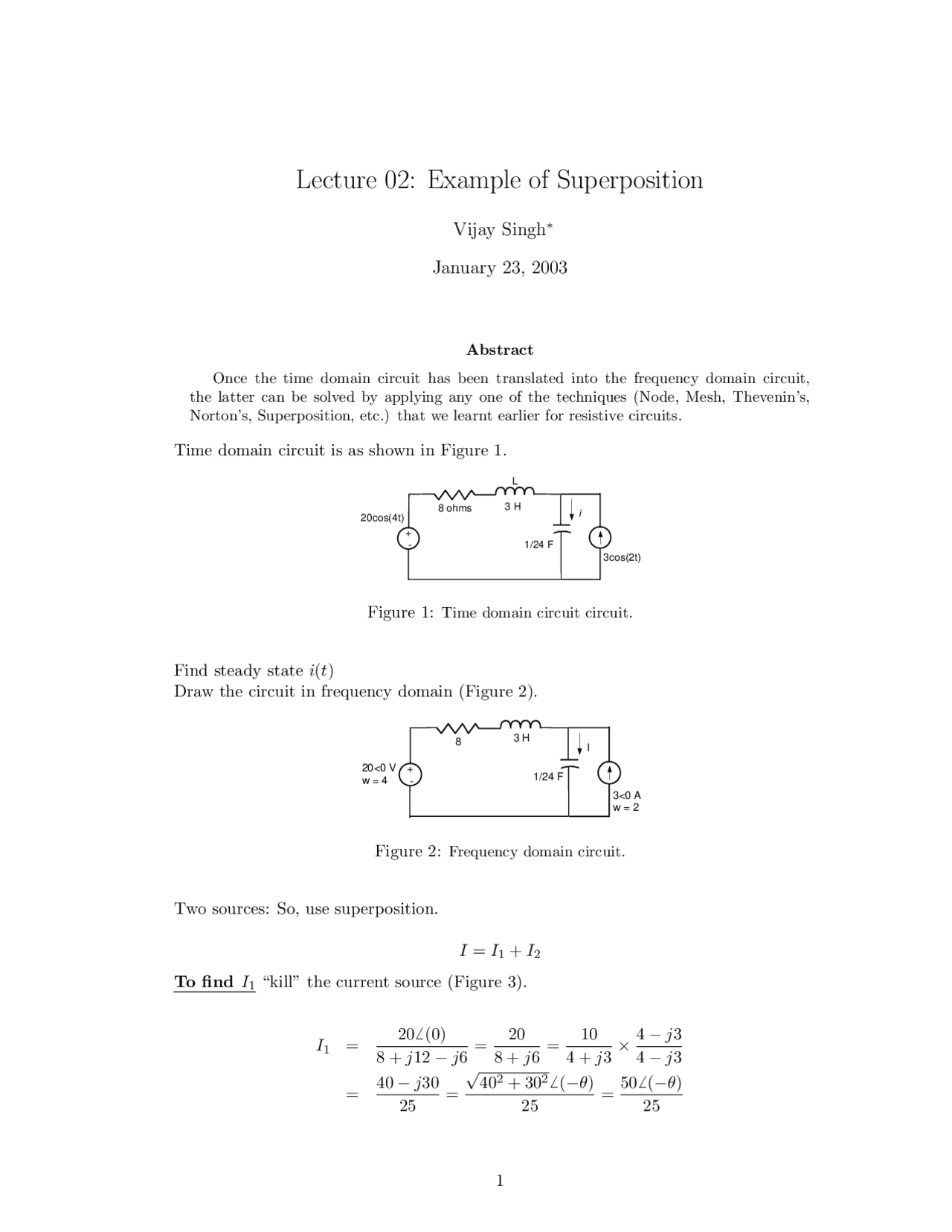 Example of Superposition, developed exercise on Circuits | EE 221 - Docsity