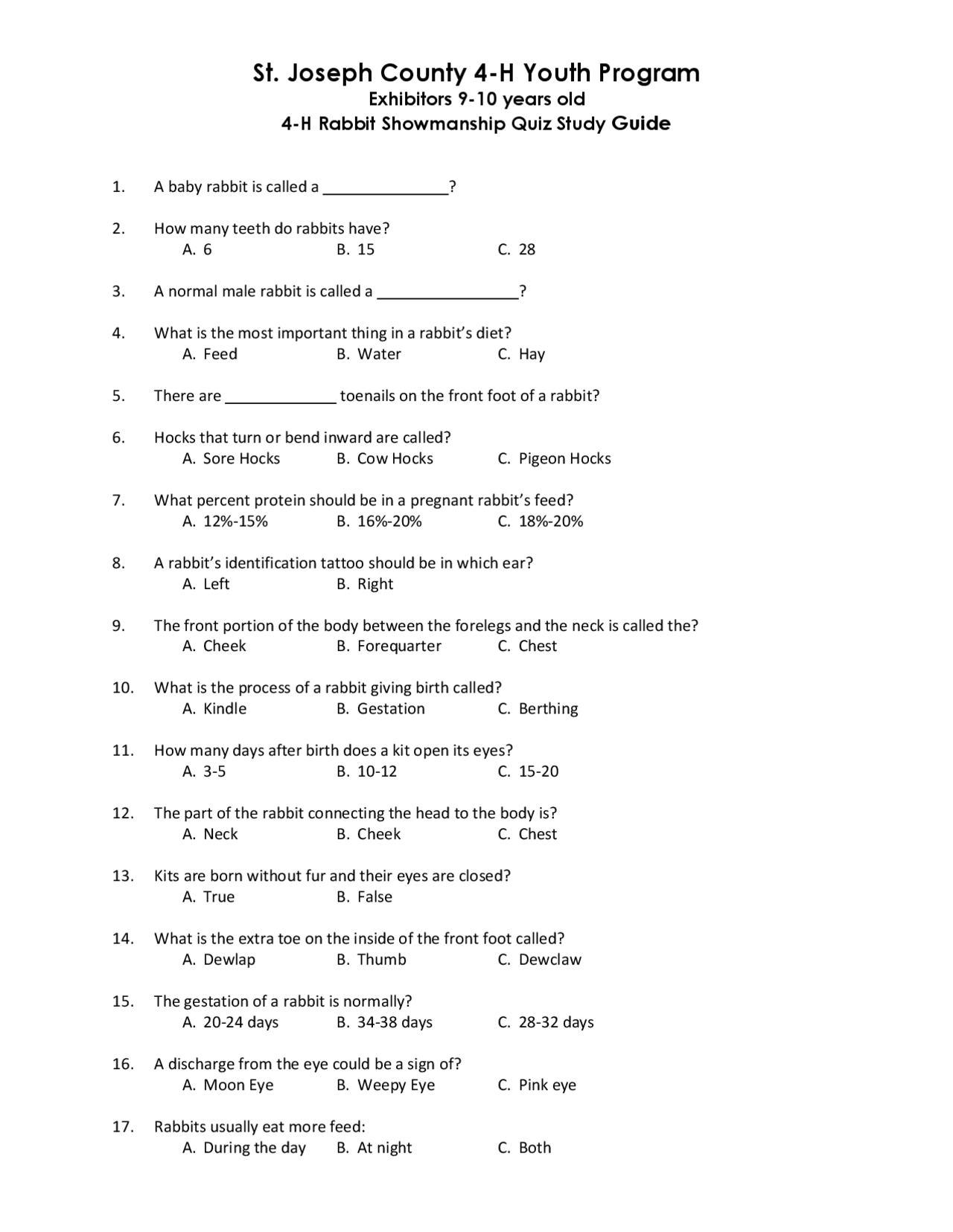Rabbit Showmanship Quiz Study Guide - Docsity