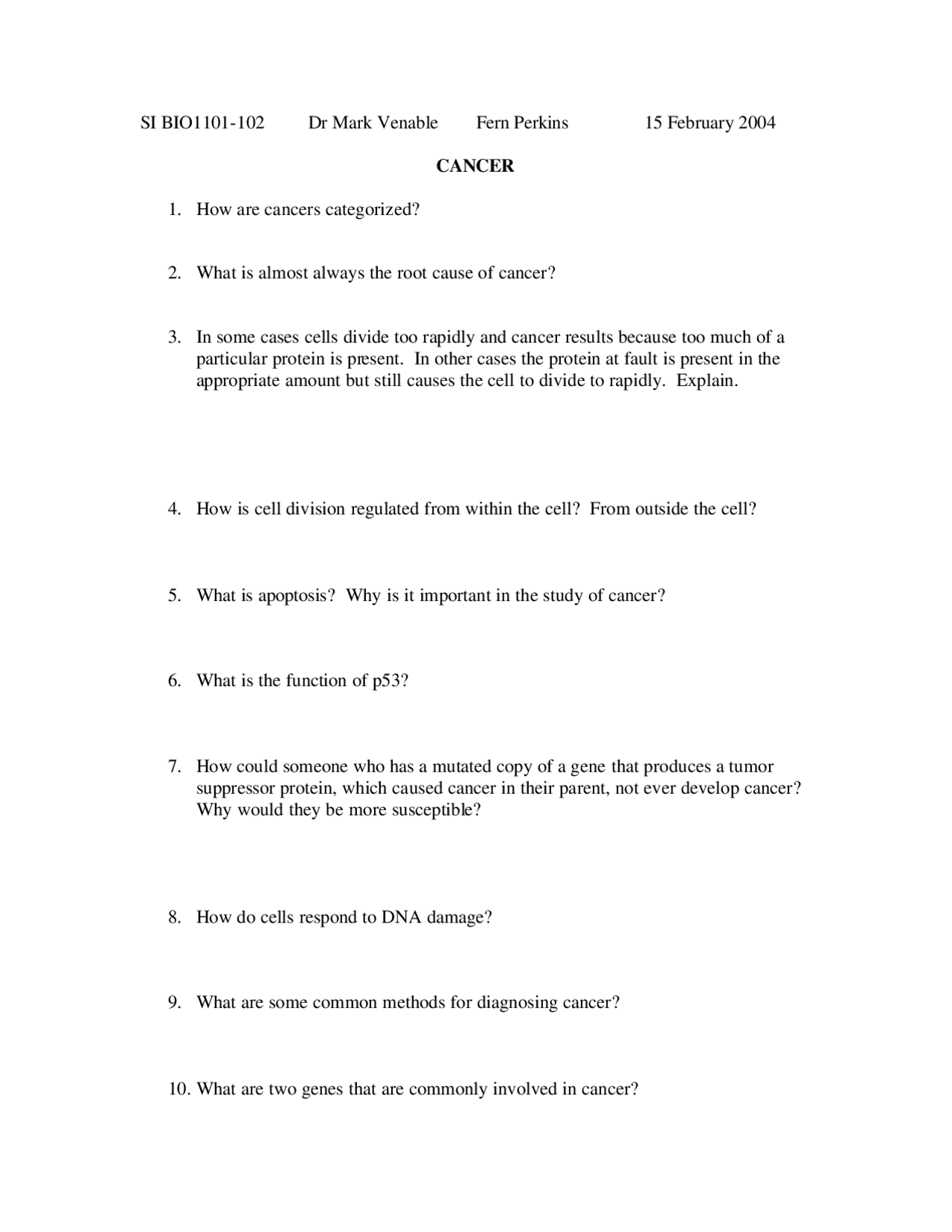 Quiz and solutions to Biology Quiz about Cancer | BIO 1101 - Docsity
