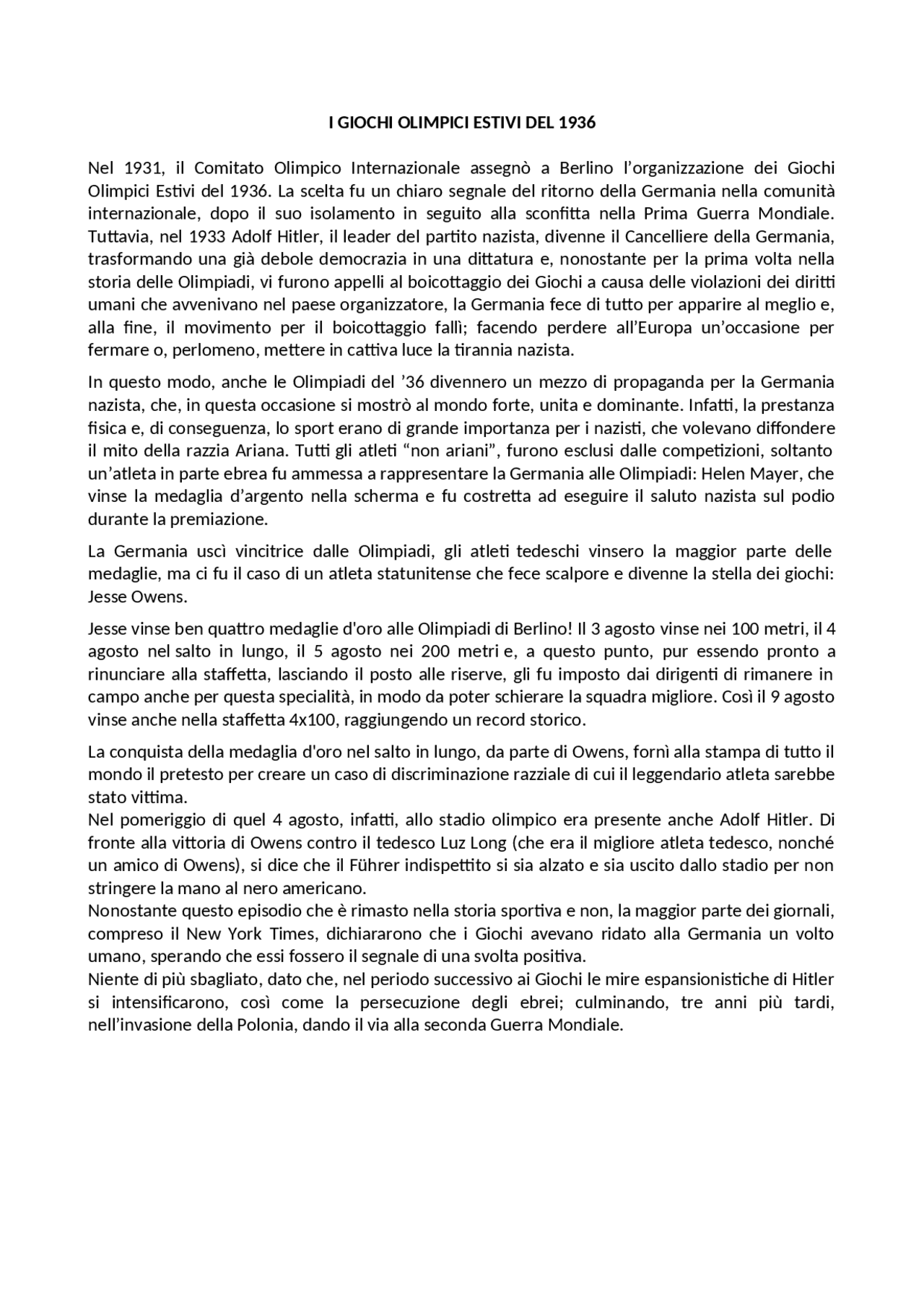 Giochi olimpici del 1936 Docsity