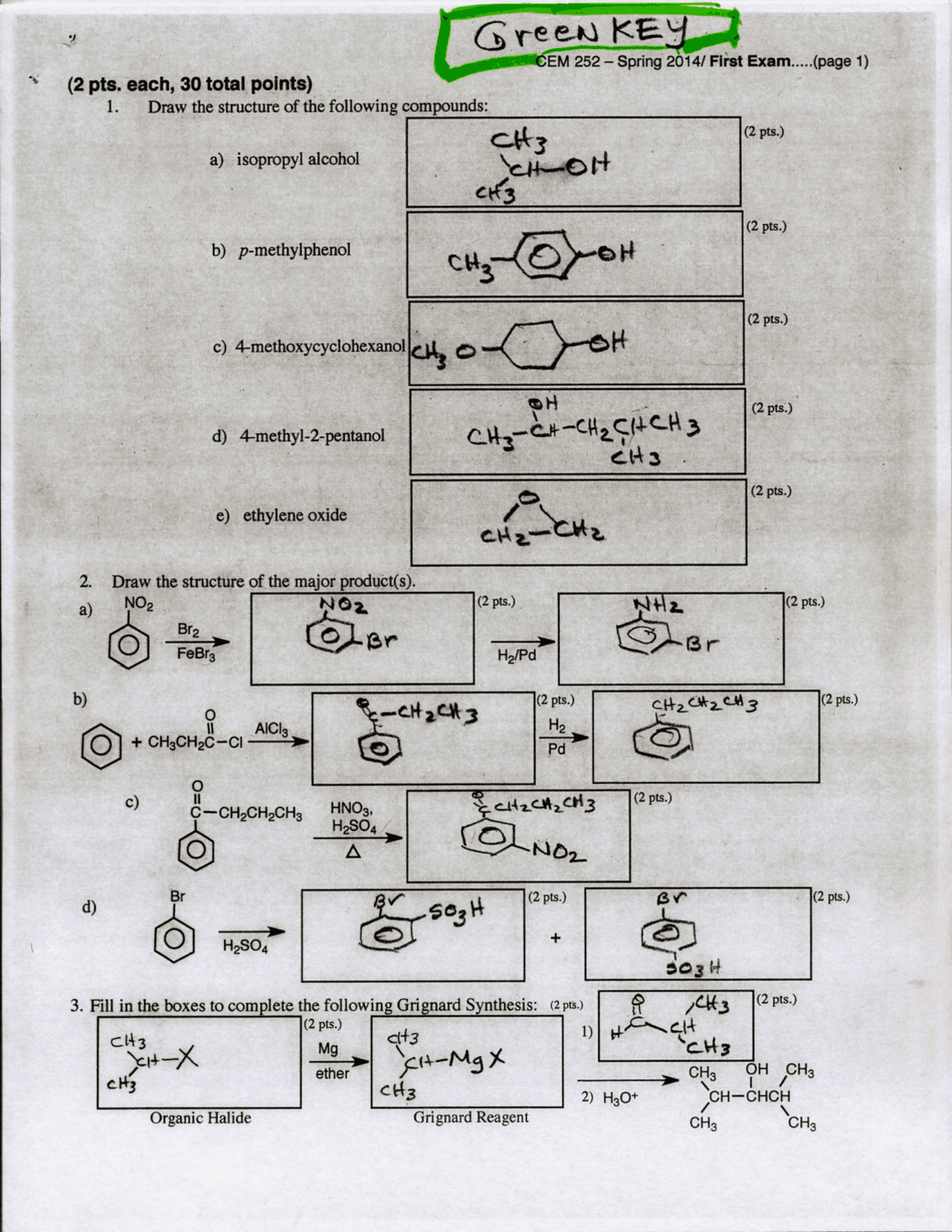 Organic Chemistry II 1st Exam with Answers Key | 2014 | CEM 252 - Docsity