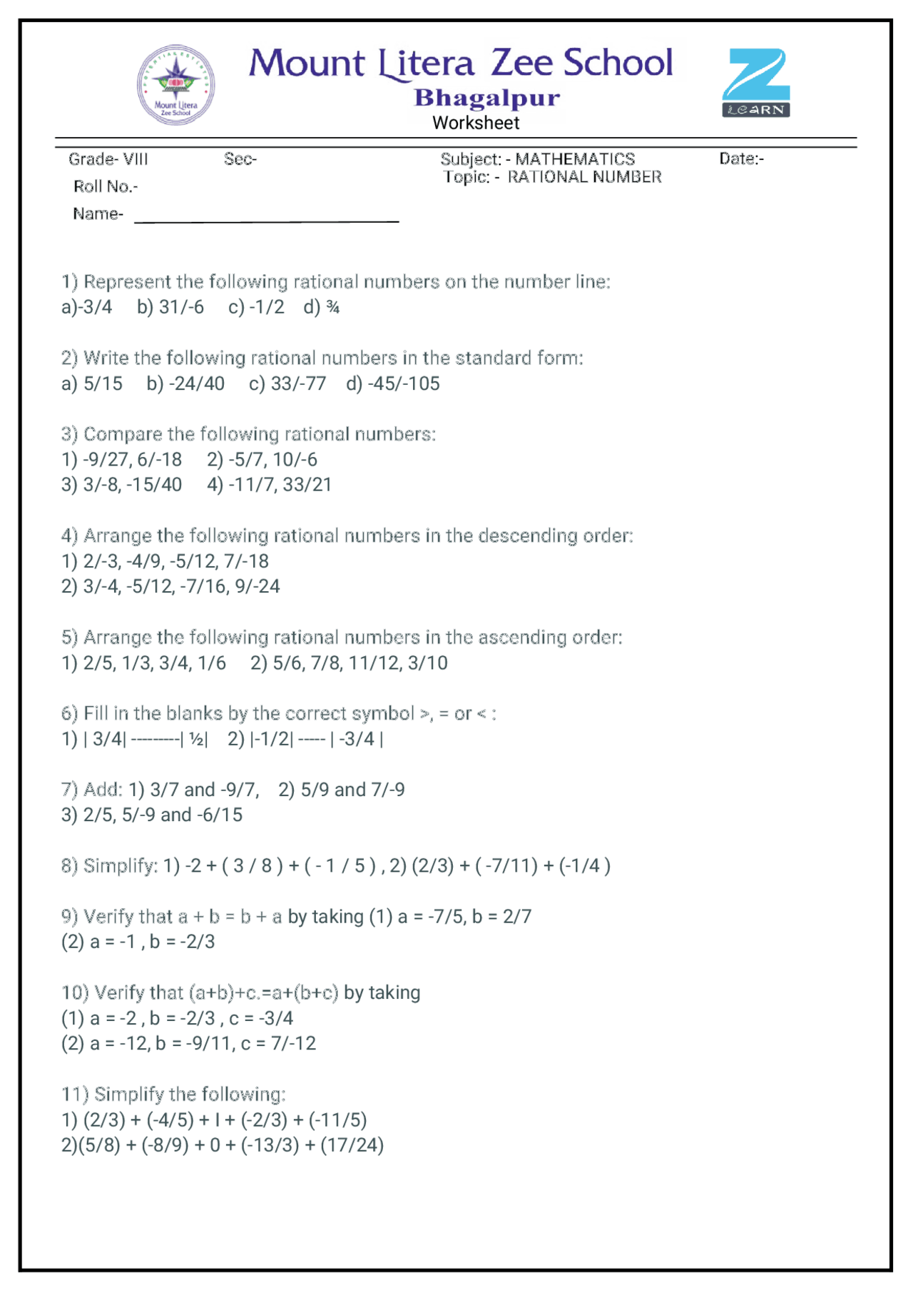 Maths worksheet class 8 Rational Numaber - Docsity