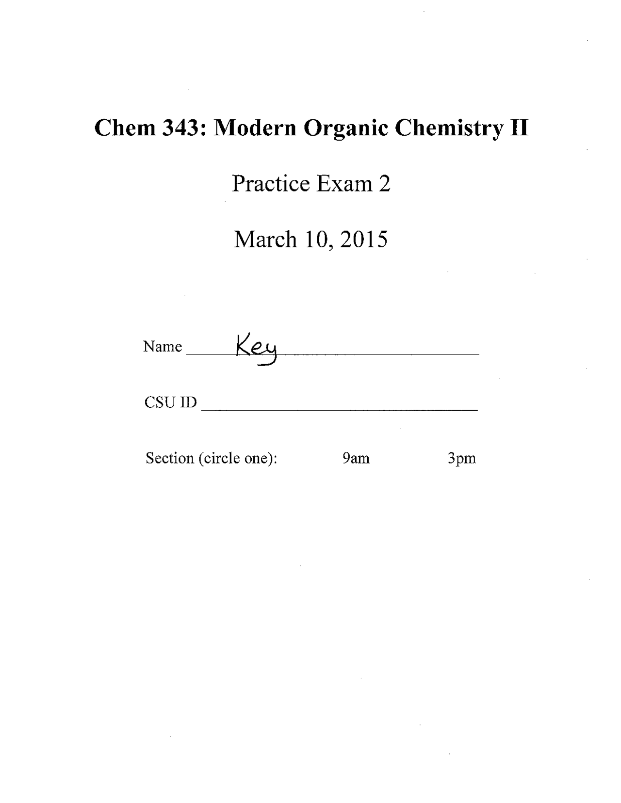Modern Organic Chemistry II Practice Exam 2 with Answers | CHEM 343 ...