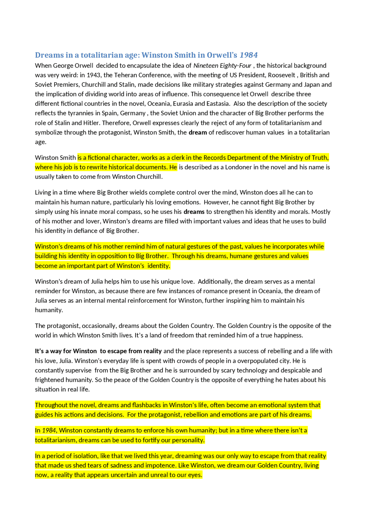 Winston's dreams in 1984 Docsity