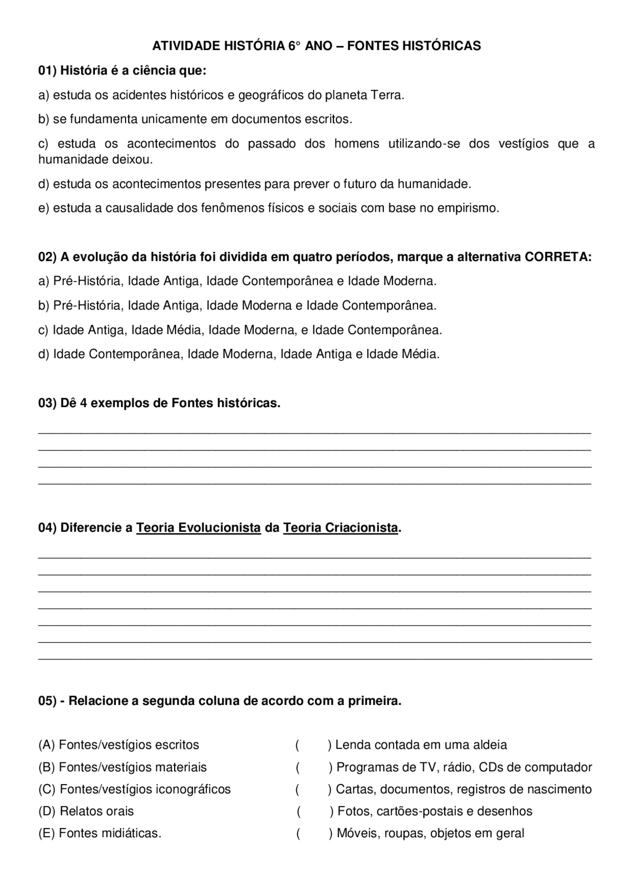 Atividade Sobre Fontes Históricas 4 Ano - FDPLEARN