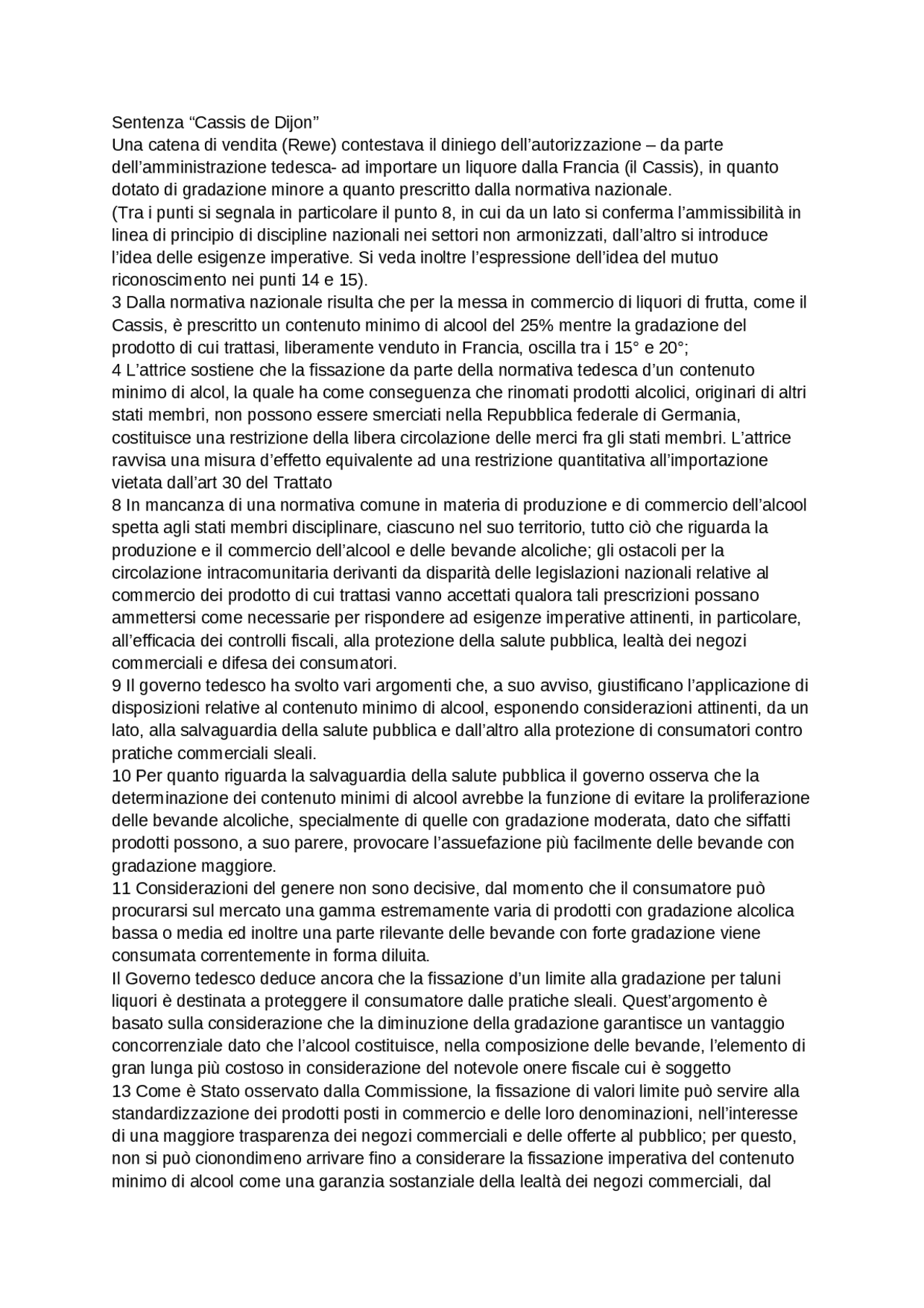 Sentenza 'Cassis de Dijon' | Appunti di Diritto dell'Unione Europea