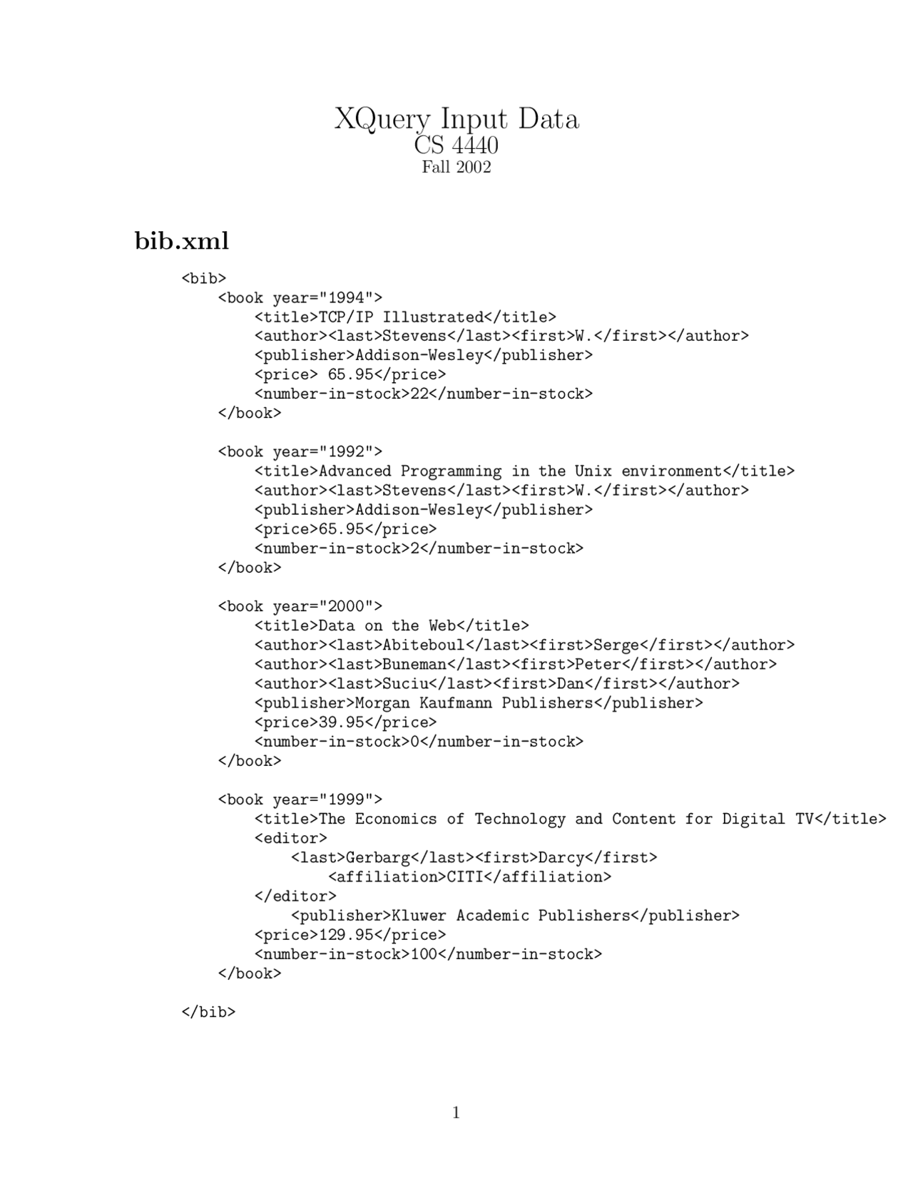 Database Technologies: XQuery Input Data example sheet | CS 4440 - Docsity