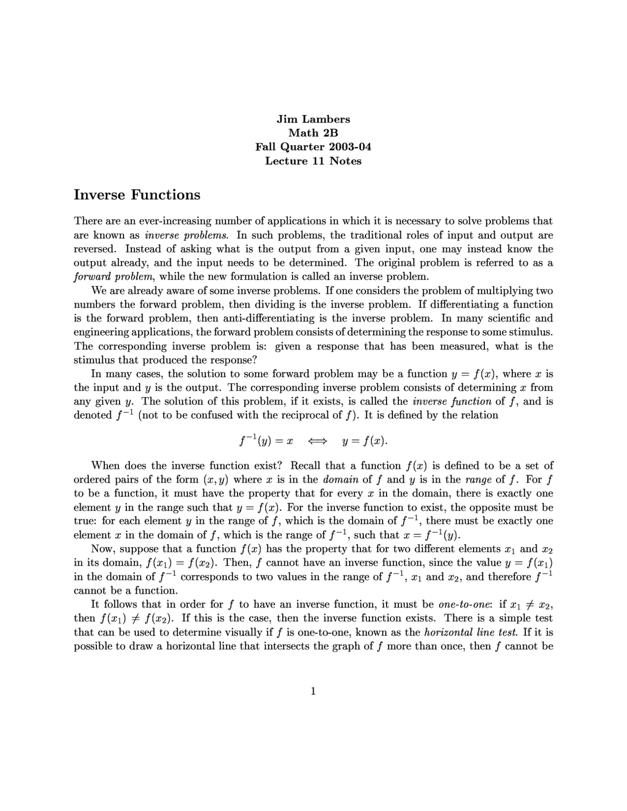 22 inverse functions derivatives | study notes... Mathematics: Lecture 11 Notes - Inverse functions | - Docsity