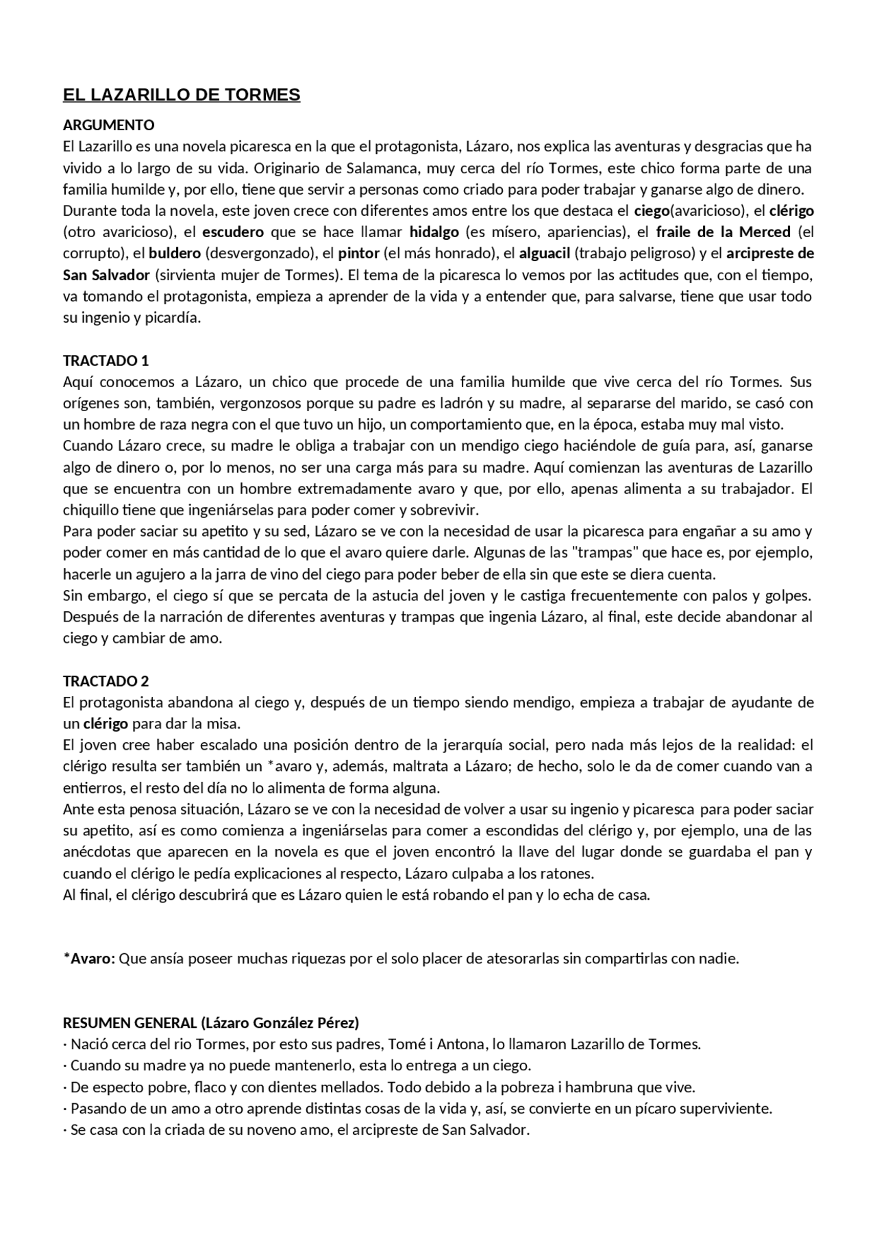Resumen EL LAZARILLO DE TORMES | Resúmenes de Lengua y Literatura - Docsity
