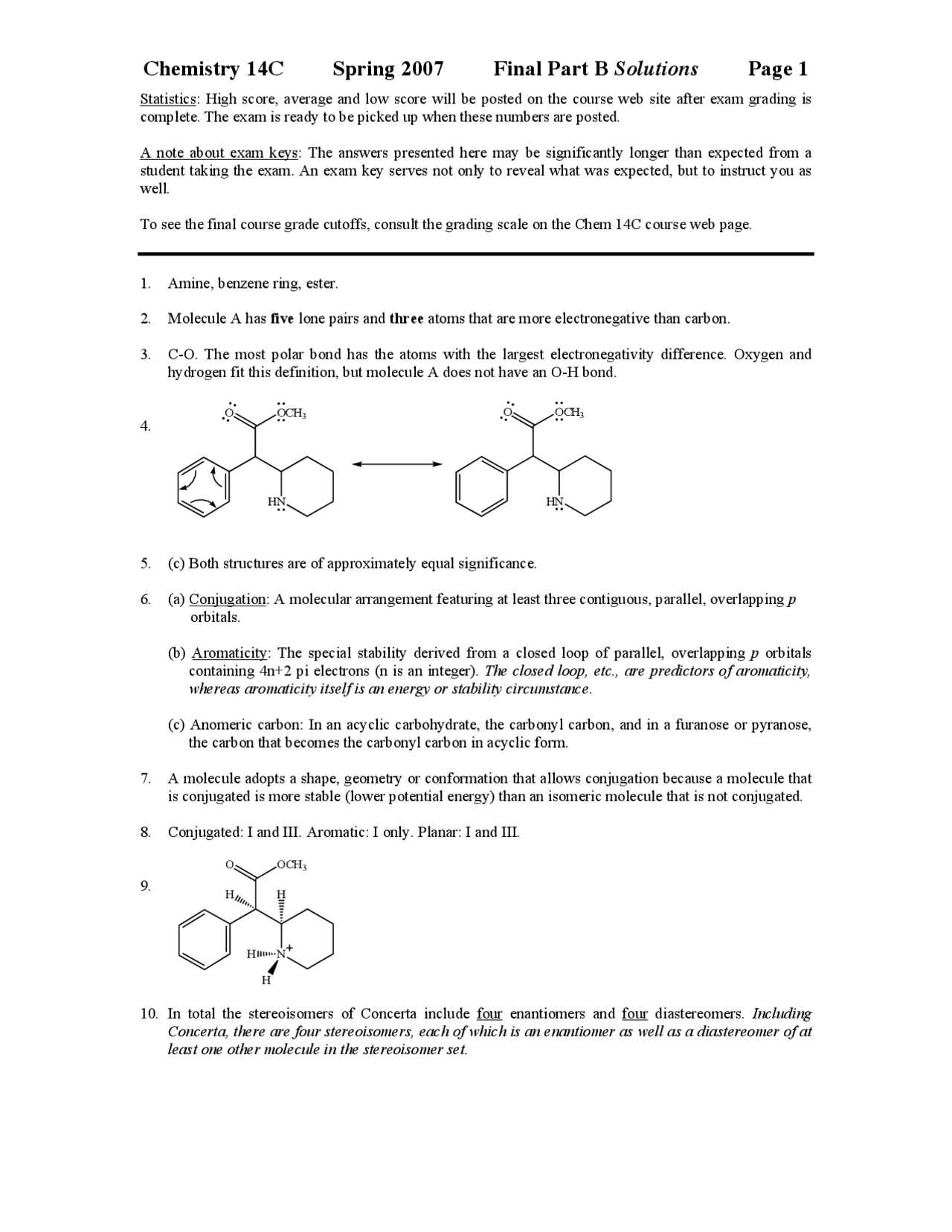 Organic Chemistry Exam Final Part B with Solutions Spring 2007 CHEM