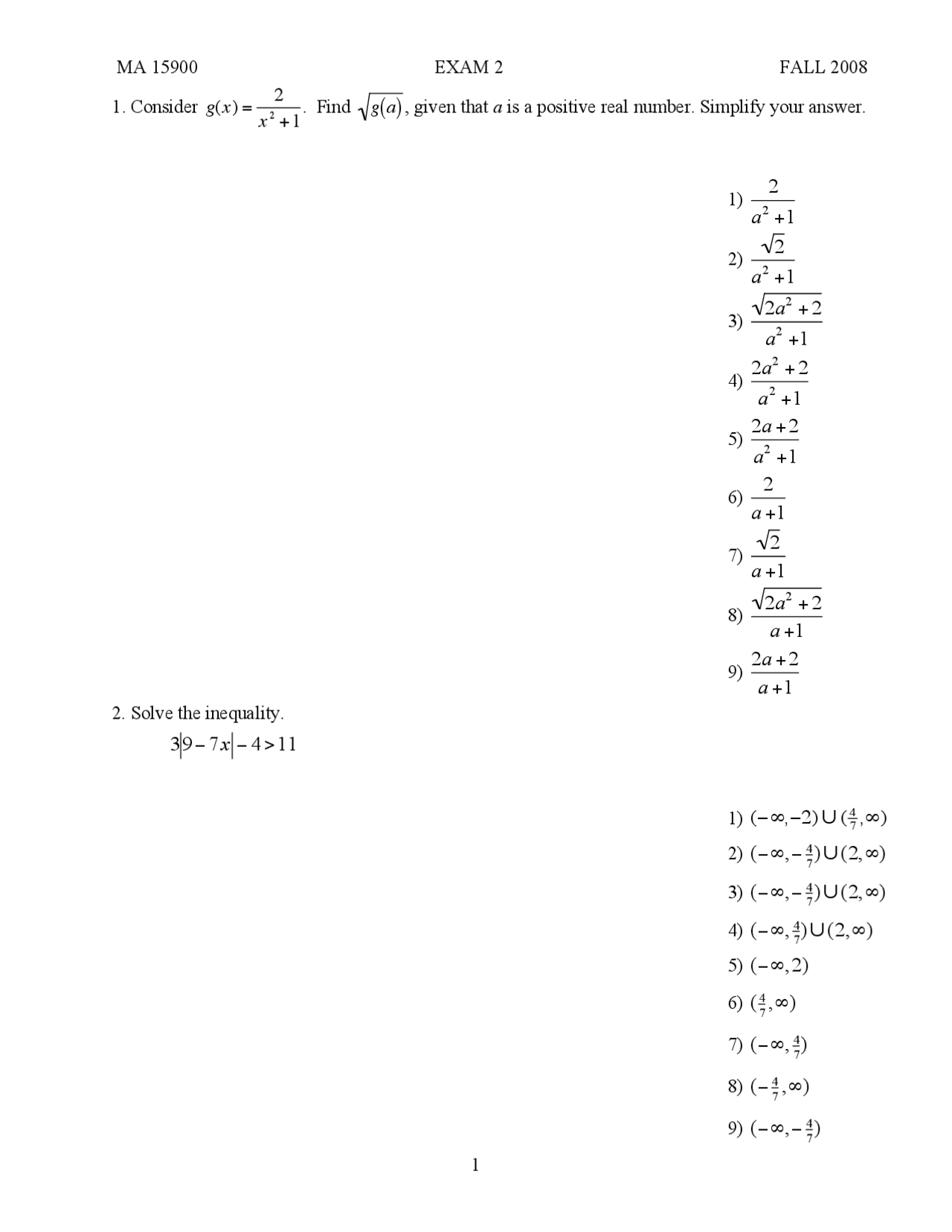 Ma Math Problems Task Examples MA-Mathematics Exam 2: Range of a function | MA 15900 - Docsity