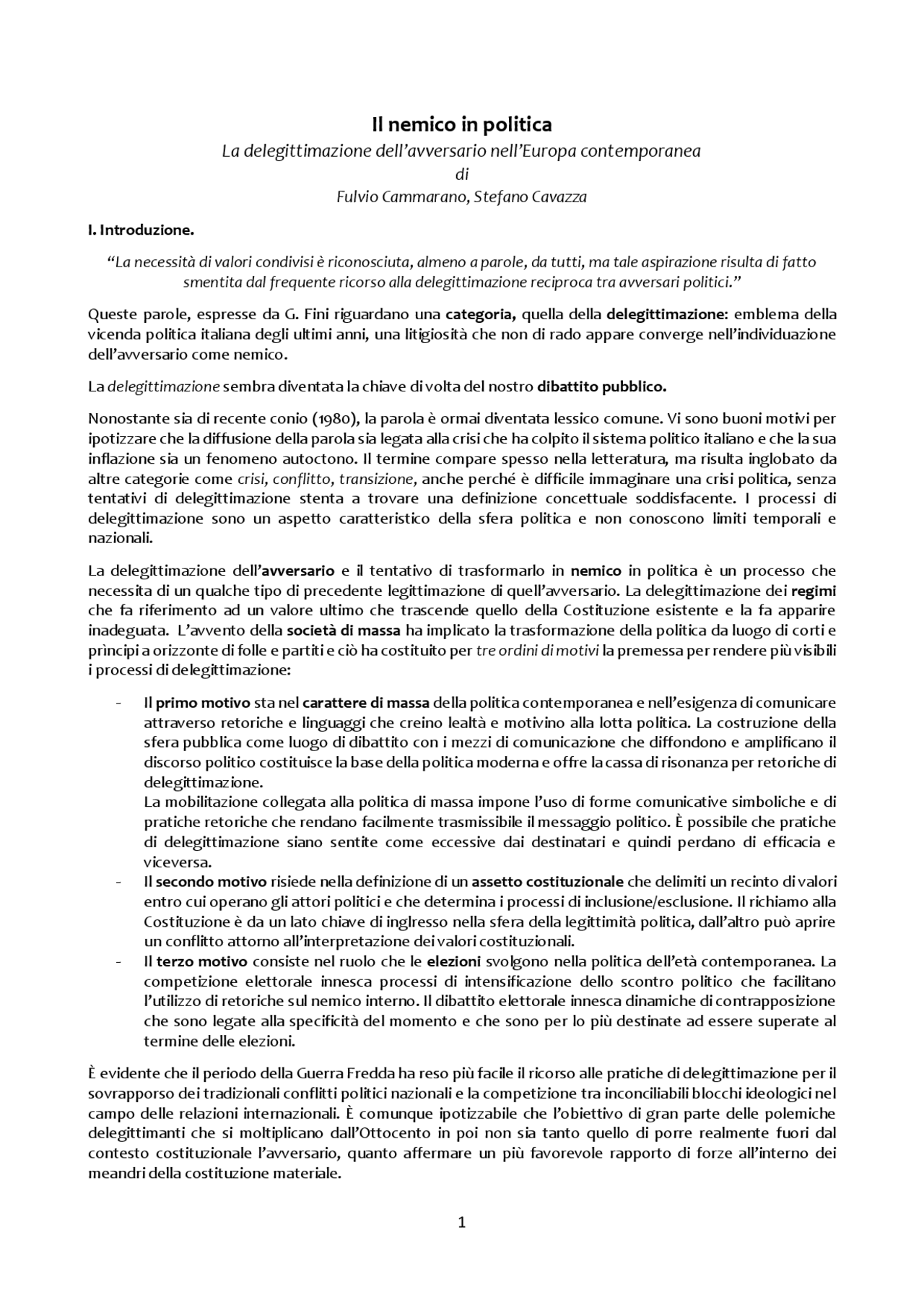 Il nemico in politica, la delegittimazione dell'avversario - Docsity