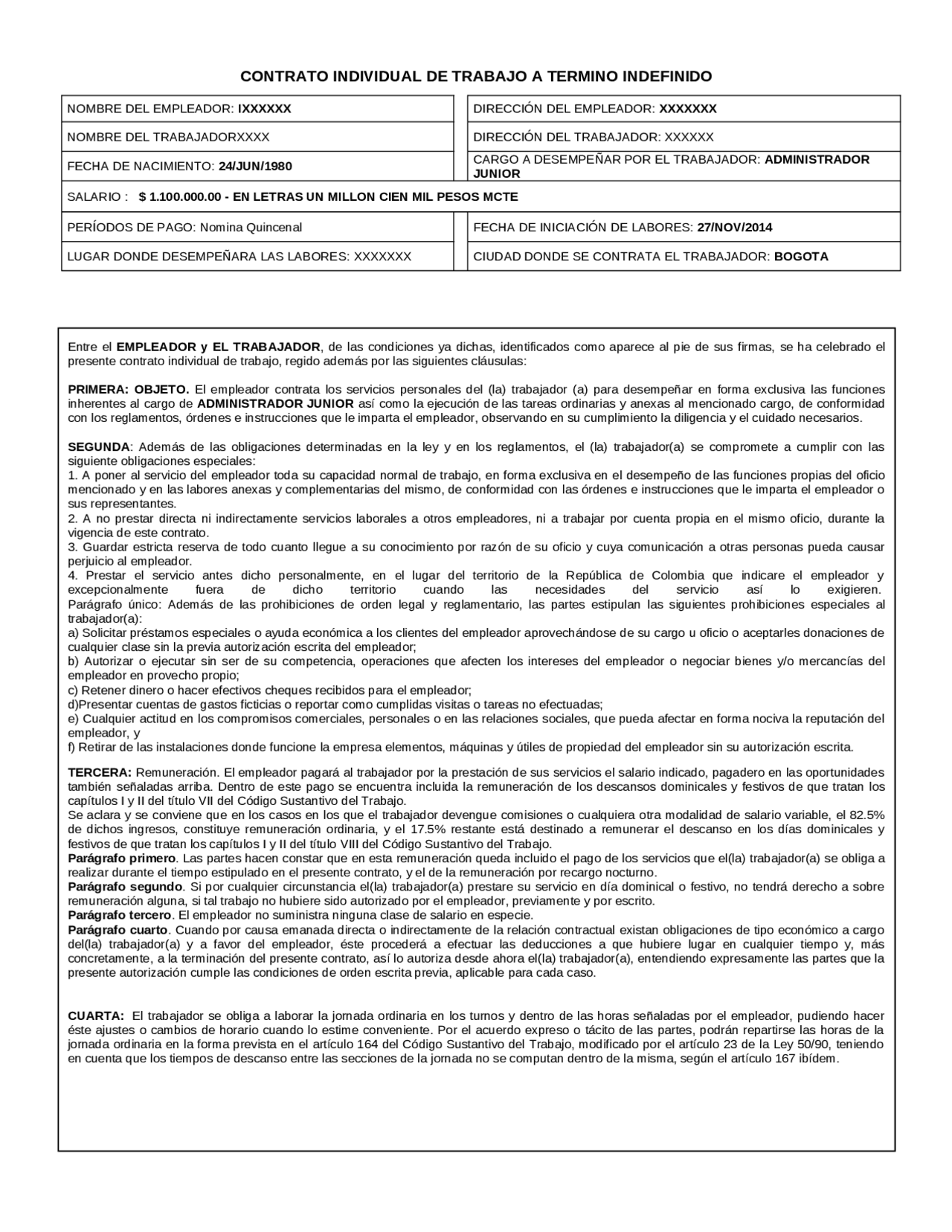 Contratp Modelo De Contrato Laboral A Termino Indefinido Colombia ...