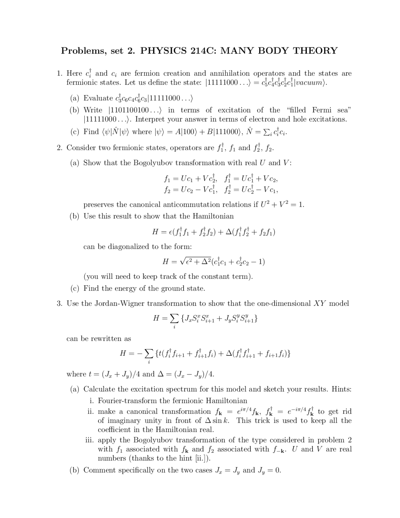 Problems, set 2. Physics: many body theory | Physics H196A - Docsity