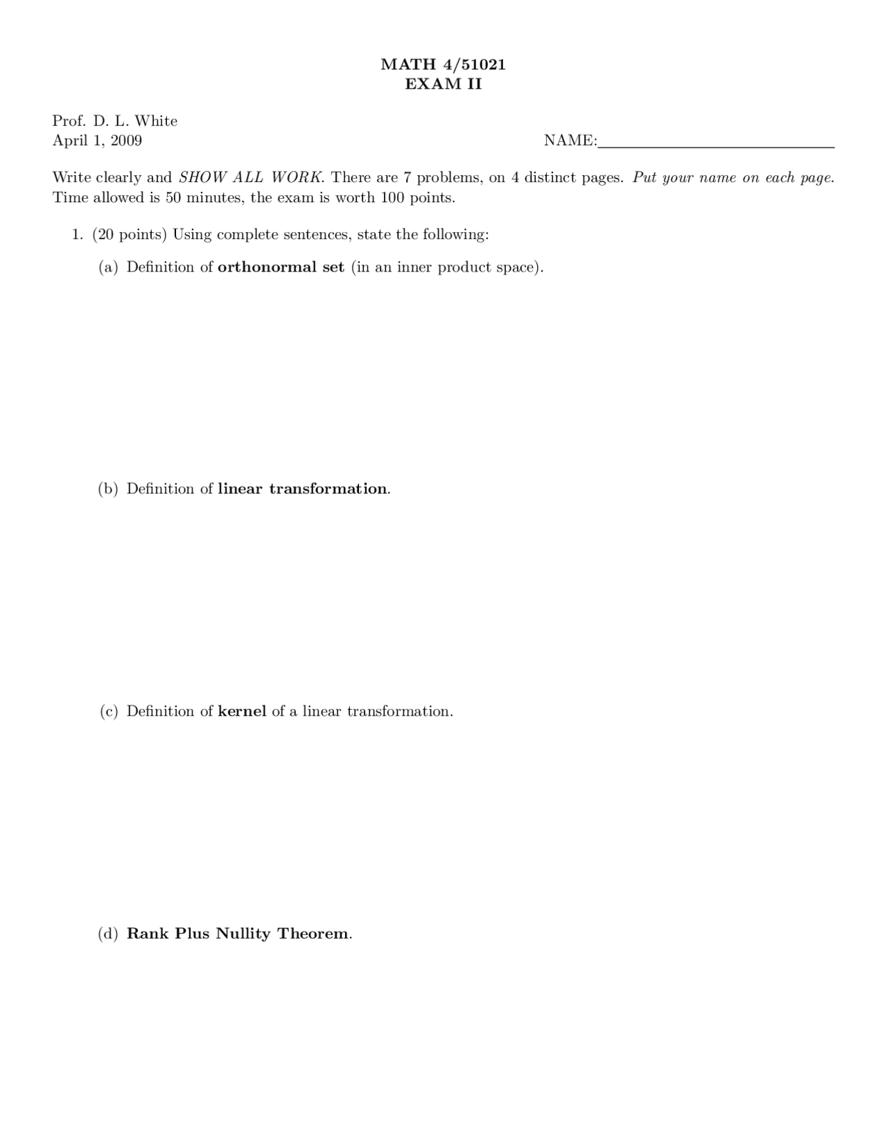 Linear Algebra Exam 2: Definitions and Problems | MATH 41021 - Docsity