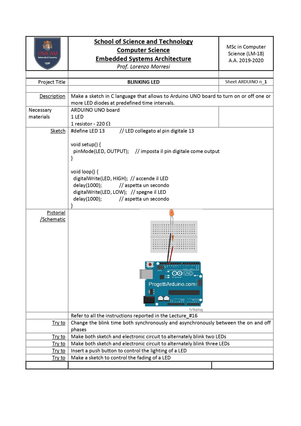 Blinking LED Arduino Sheet - Docsity