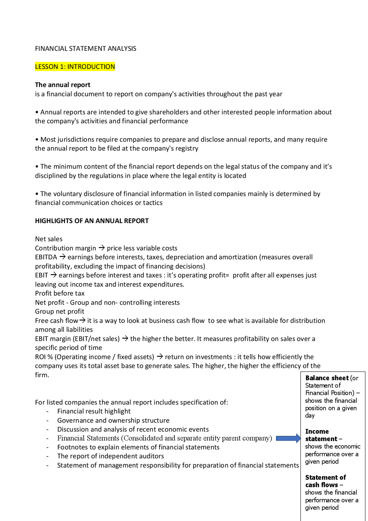 Financial statement analysis - Docsity
