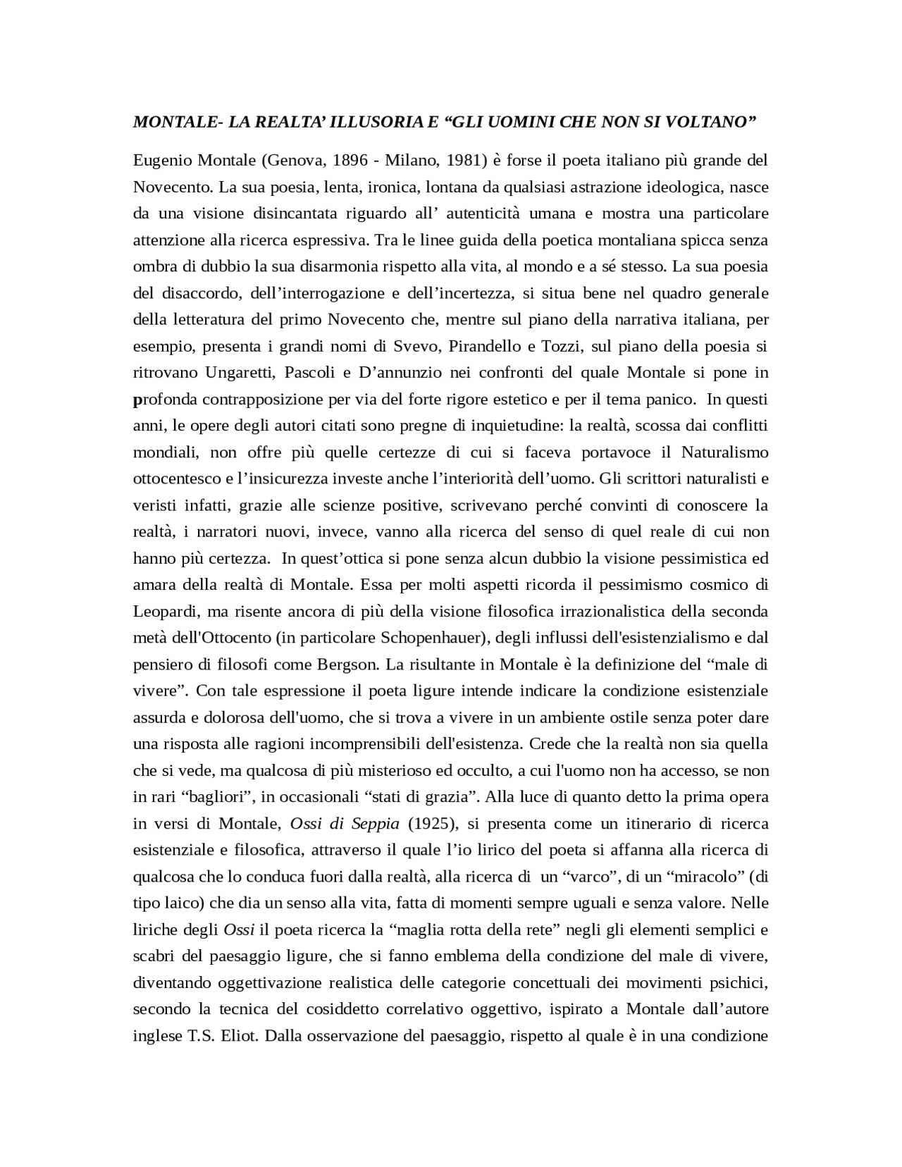 TEMA MONTALE E GLI UOMINI CHE NON SI VOLTANO Docsity TEMA MONTALE E GLI UOMINI CHE NON SI VOLTANO Docsity