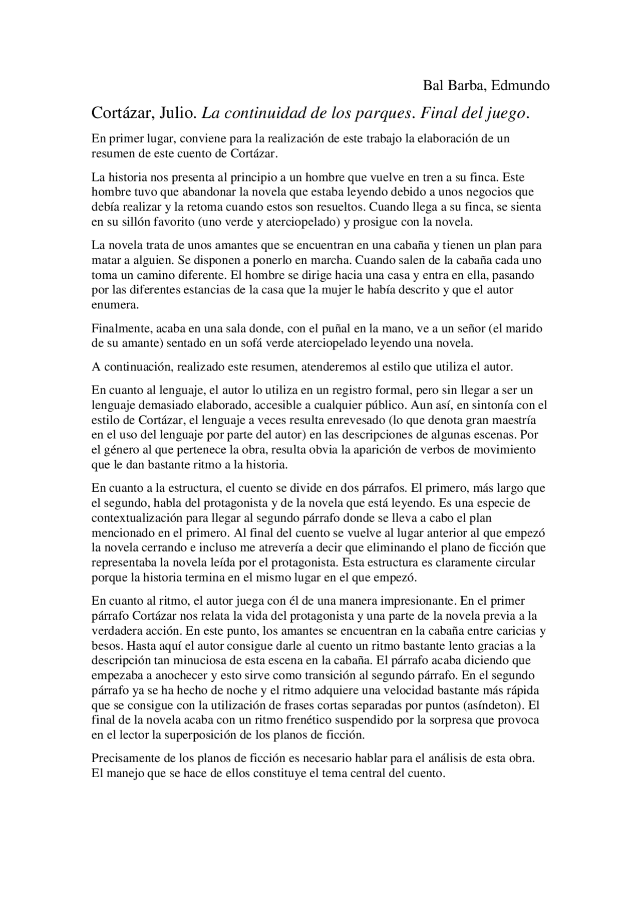 Trabajo De La Continuidad De Los Parques De Julio Cortazar Docsity