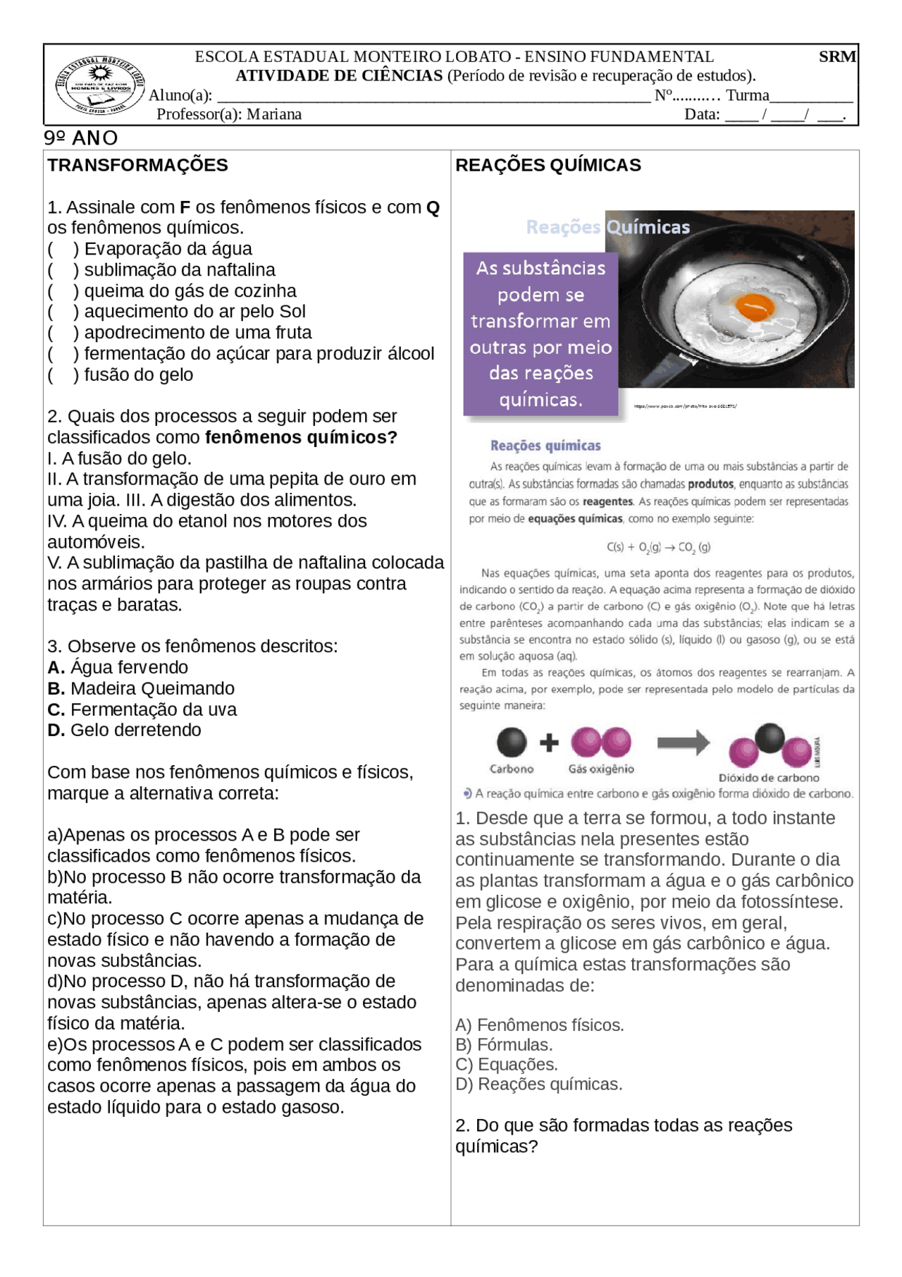 Exercícios Sobre Reações Químicas 9 Ano Com Gabarito - NAZAEDU
