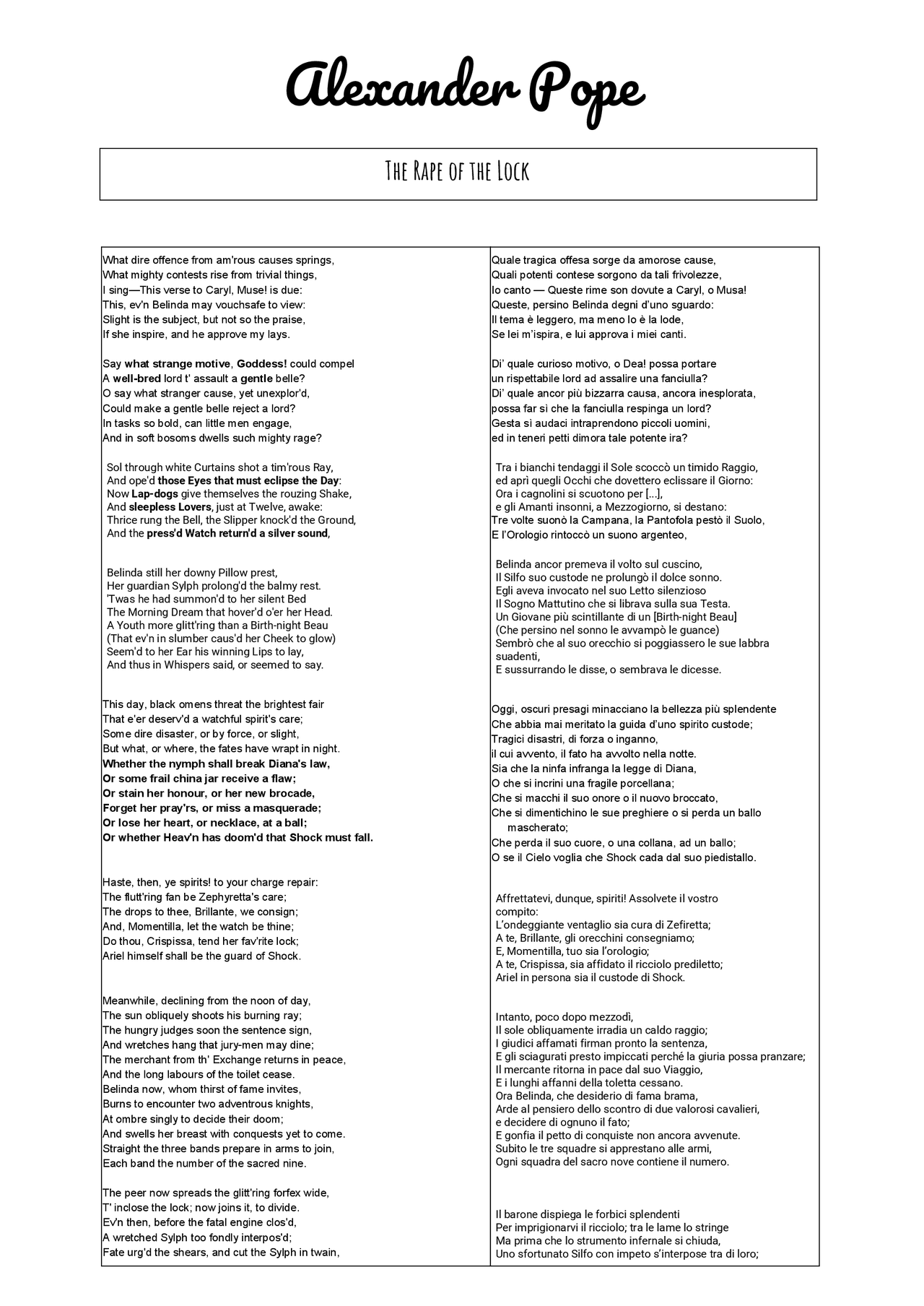 Traduzione The Rape of The Lock di Swift Traduzioni di Traduzione