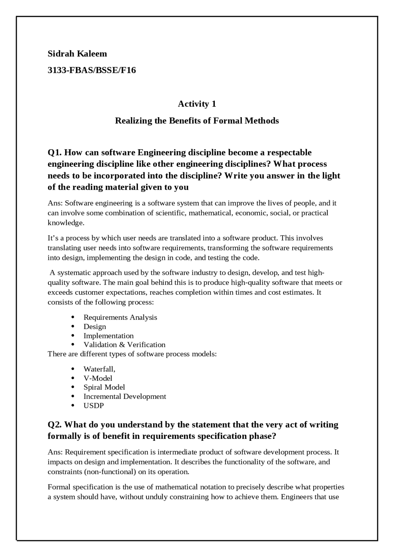 Activity of Formal Method in SE | Assignments Formal Semantics | Docsity
