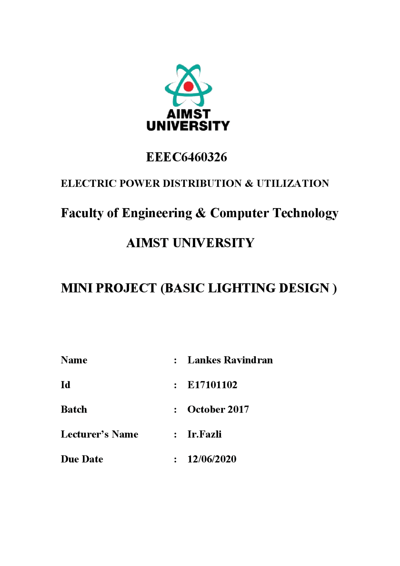 Basic Lighting Design Mini Project - Docsity
