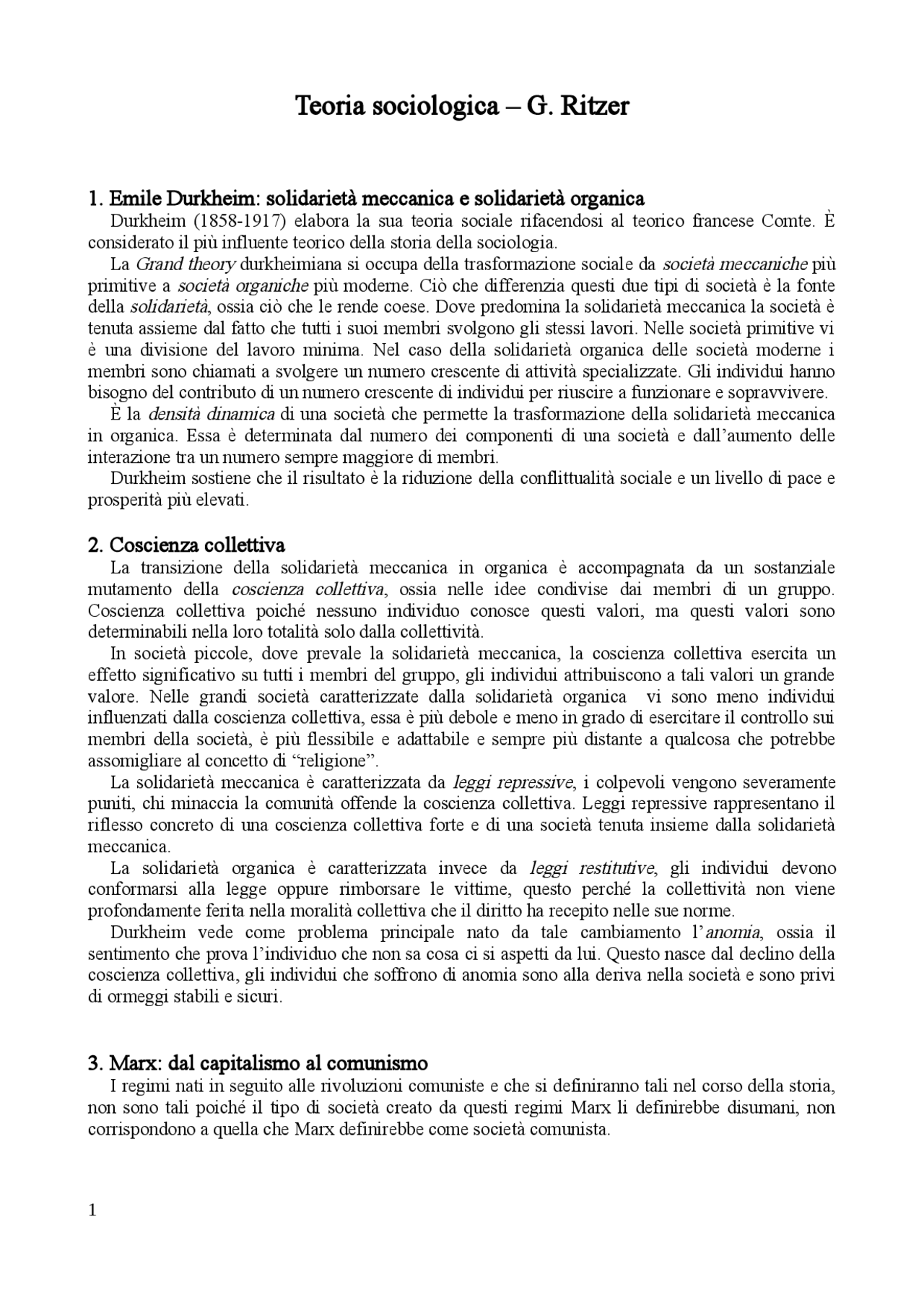 Sintesi di Sociologia dai manuali di G. Ritzer e N.J. Smelser - Docsity