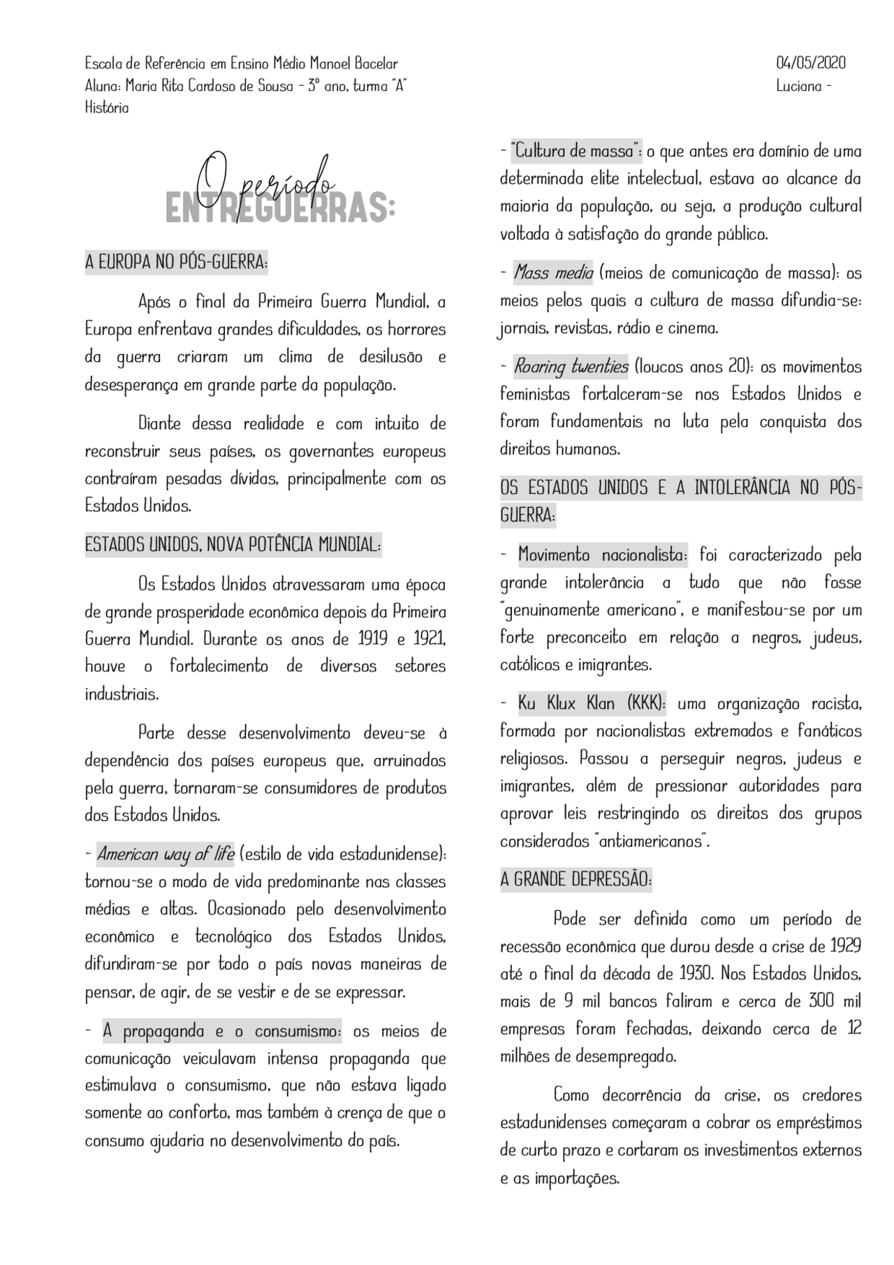 Resumo sobre o Período Entre Guerras | Resumos História | Docsity