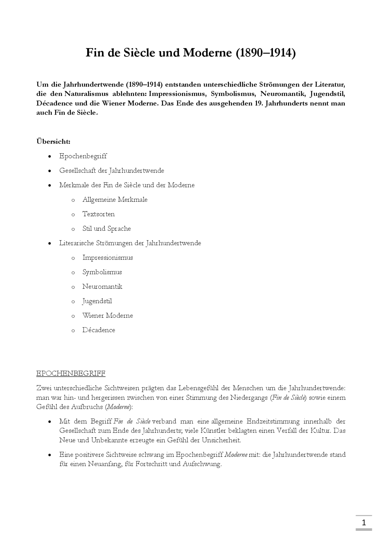 Überblick zu Fin de Siècle und Moderne Docsity