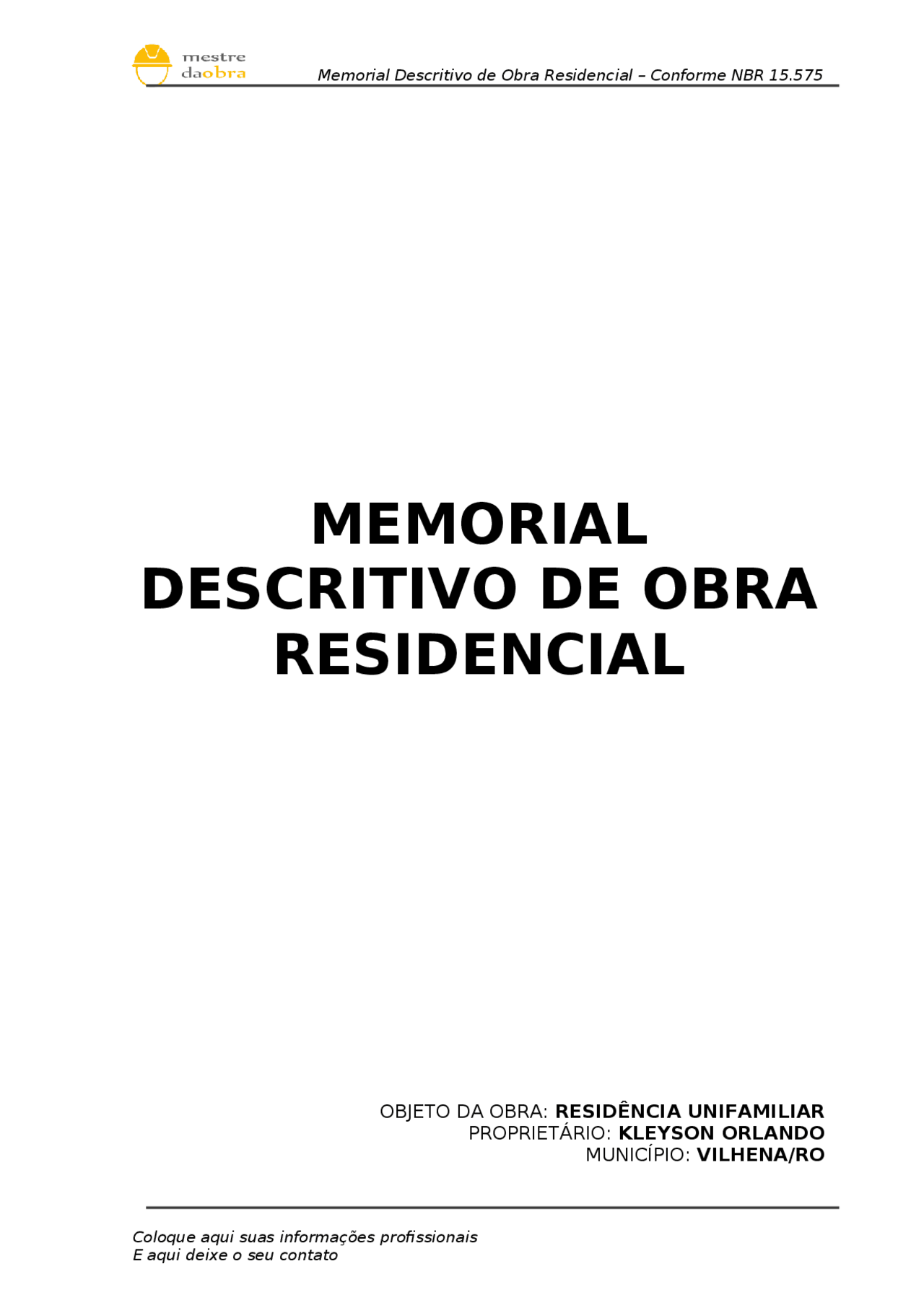 Modelo memorial descritivo para obras | Manuais, Projetos, Pesquisas ...