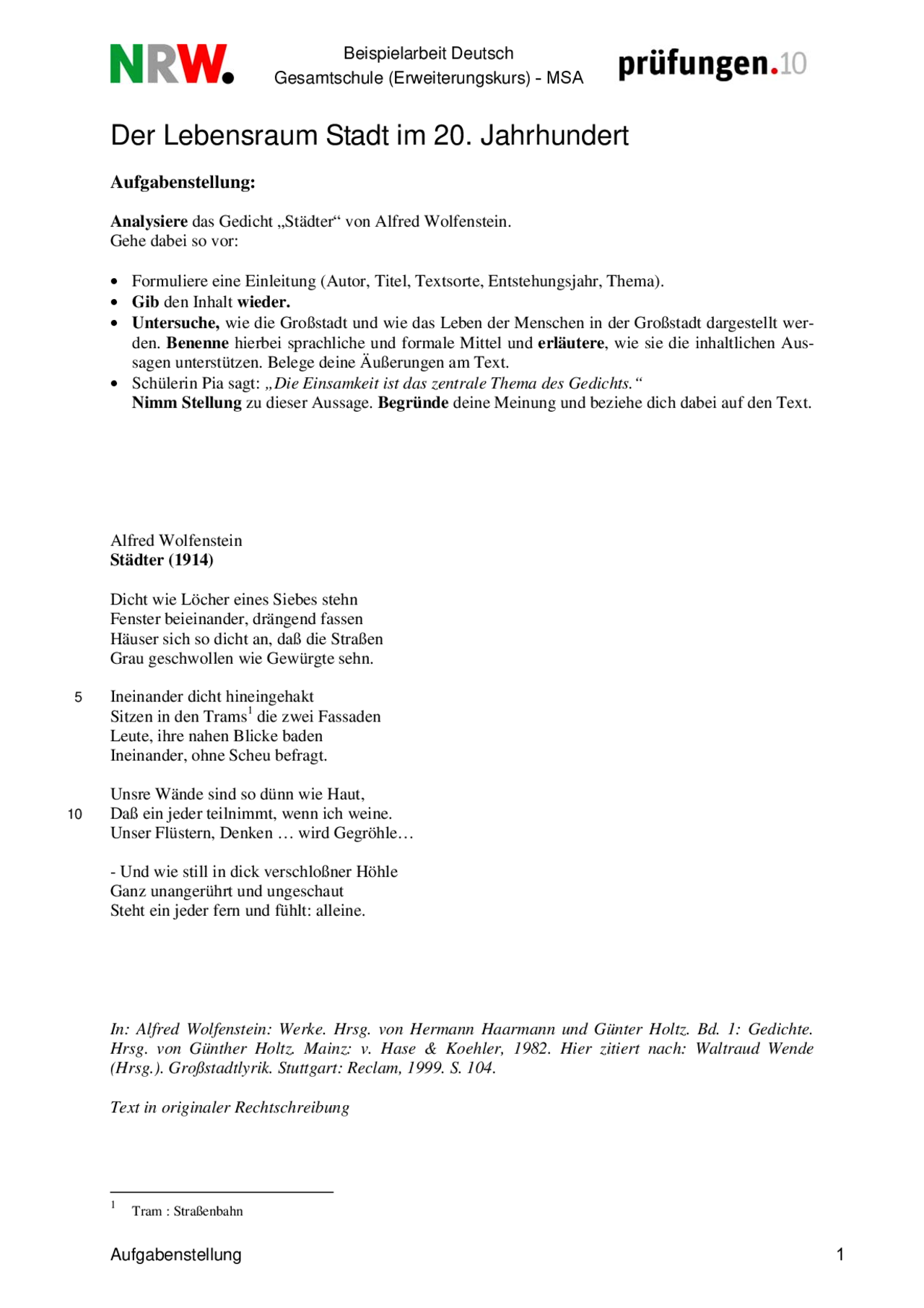 Zp 10 Nrw Deutsch Beispielaufgaben Deutsch Zentrale Prüfung 10 NRW "Der Lebensraum Stadt im 20