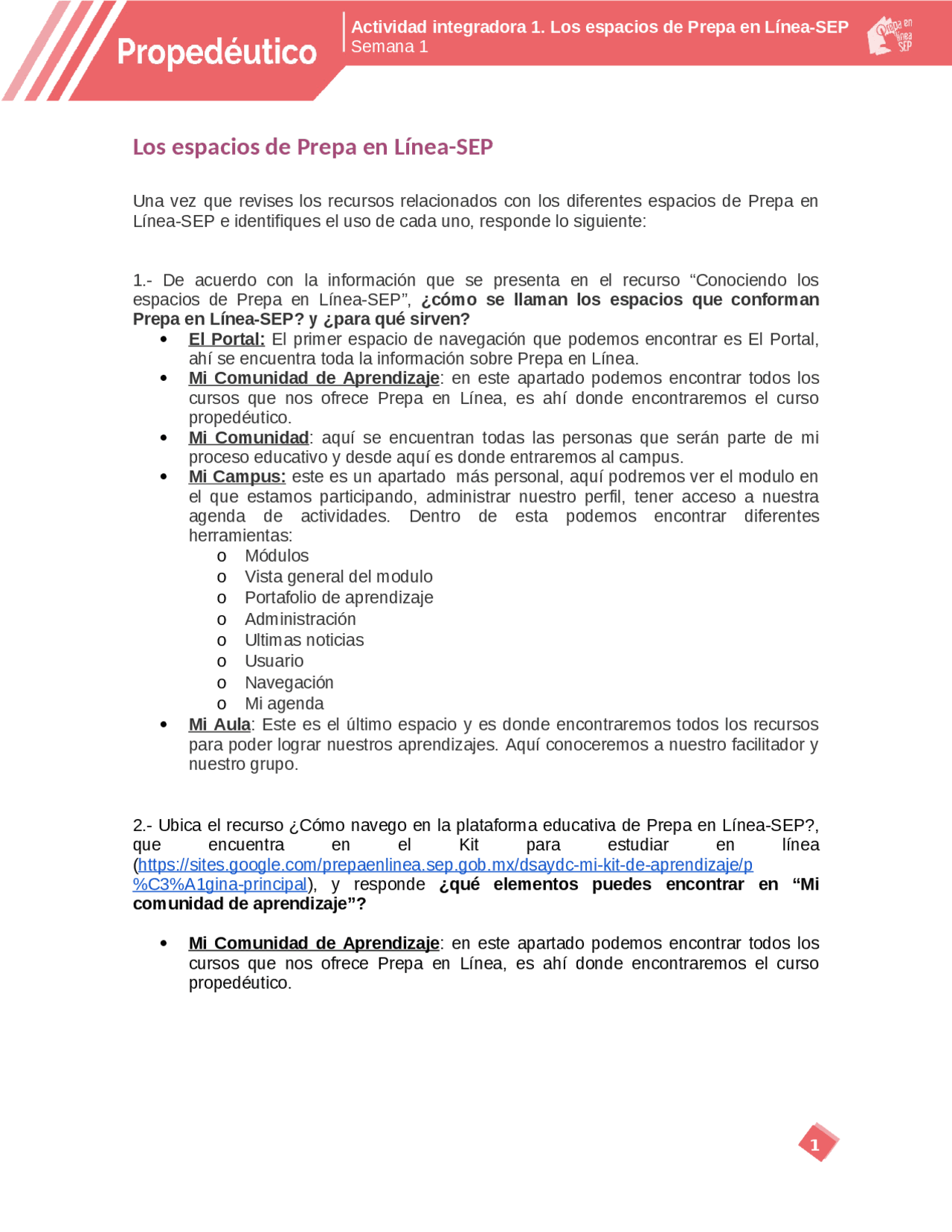 Semana 1 prepa en linea | Apuntes de Idioma Español | Docsity