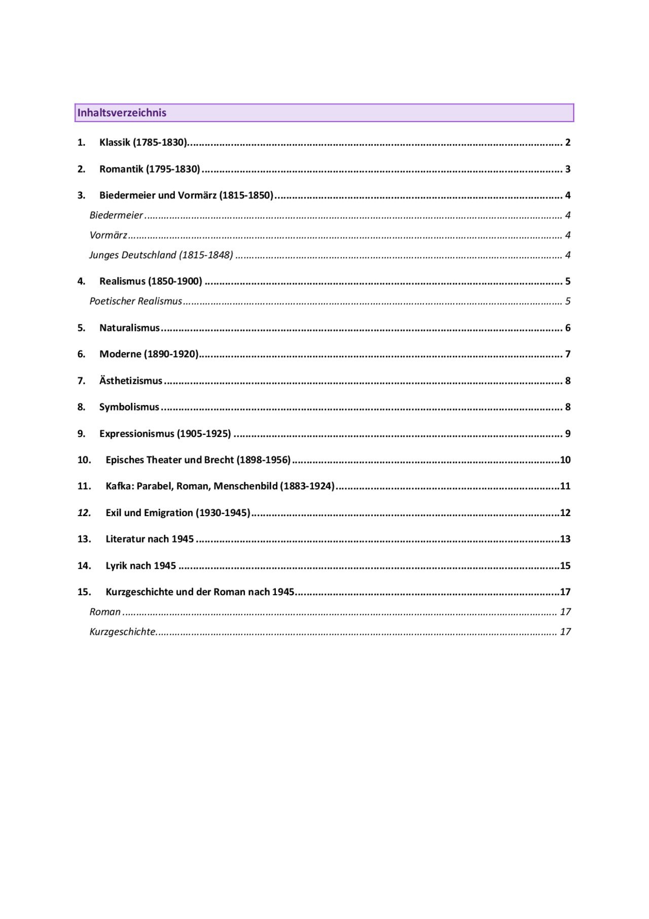 Literaturepochen im Überblick - Abitur Deutsch Bayern - Docsity