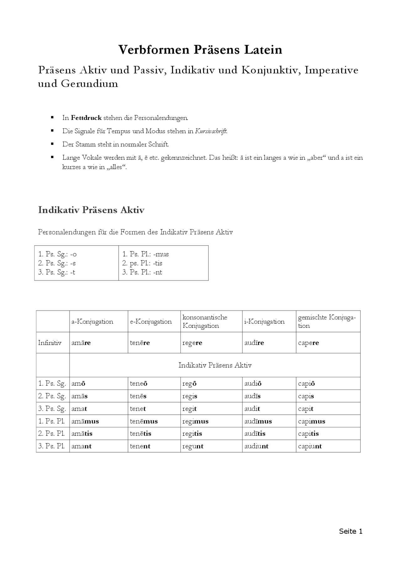 Tabelle Verbformen Latein Präsens - Docsity