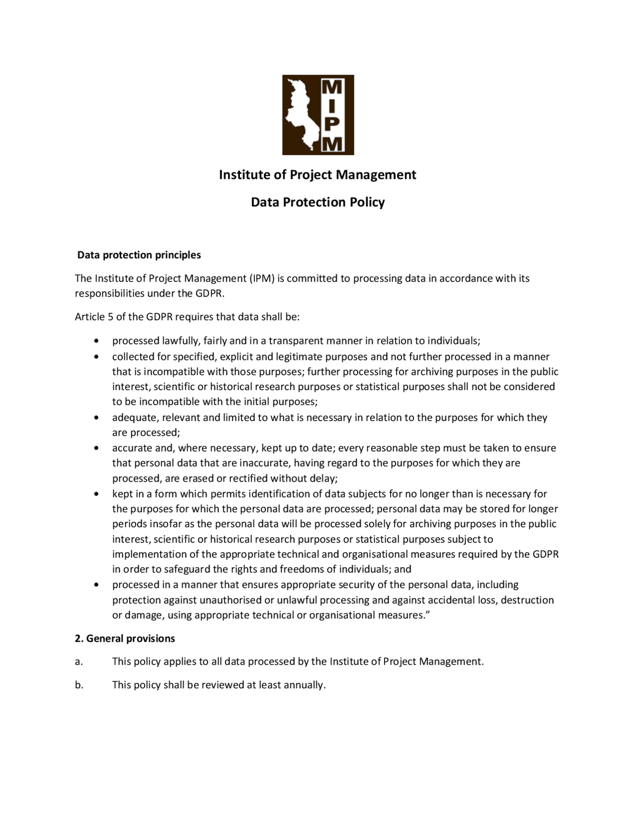 Institute of Project management data protection policy - Docsity