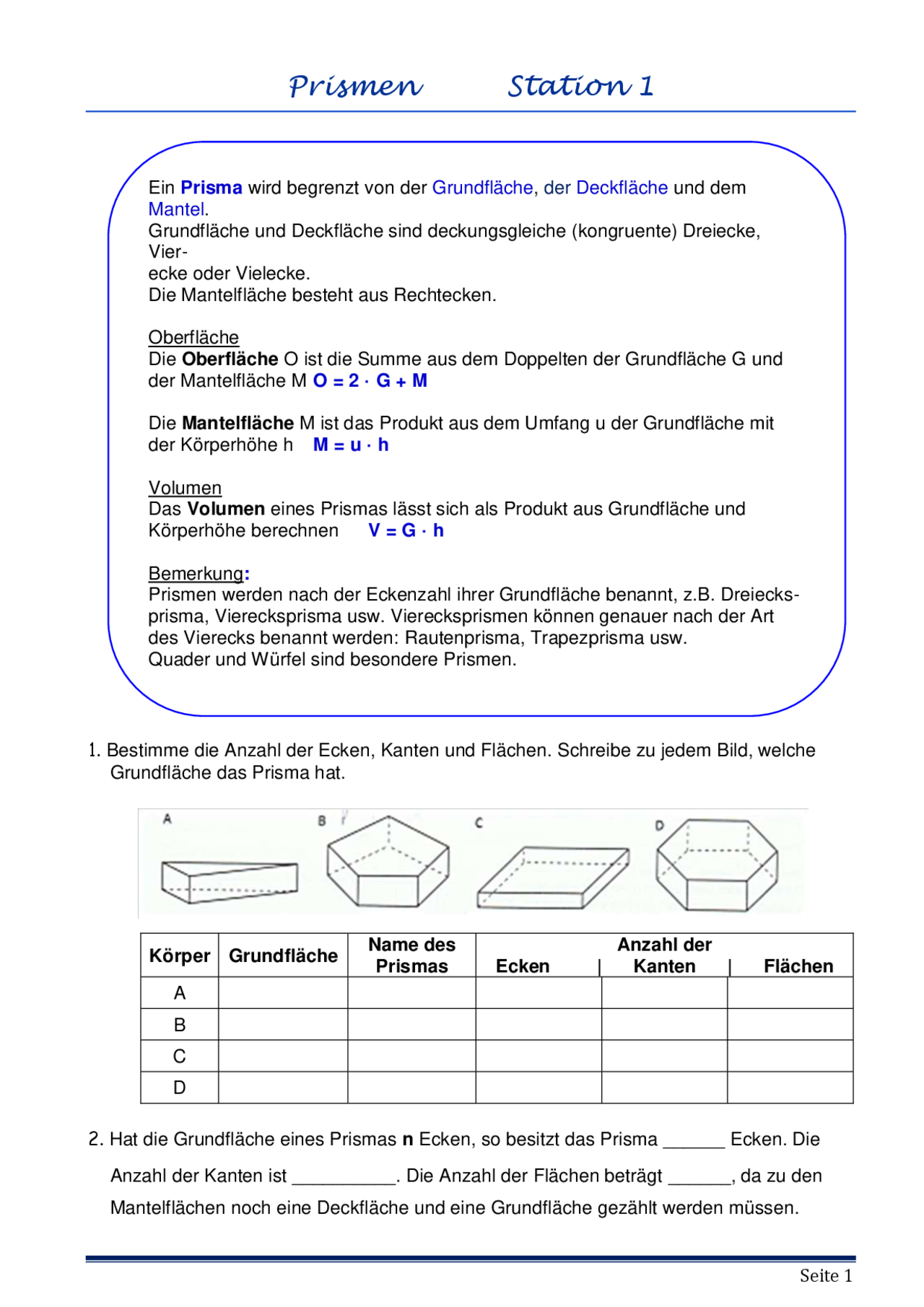 Arbeitsblatt Geometrie mit Lösungen: Prismen | Übungen Geometrie - Docsity