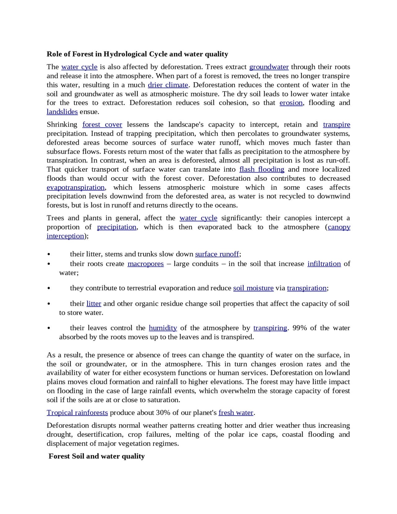 Role of forest on water cycle and water quality - Docsity
