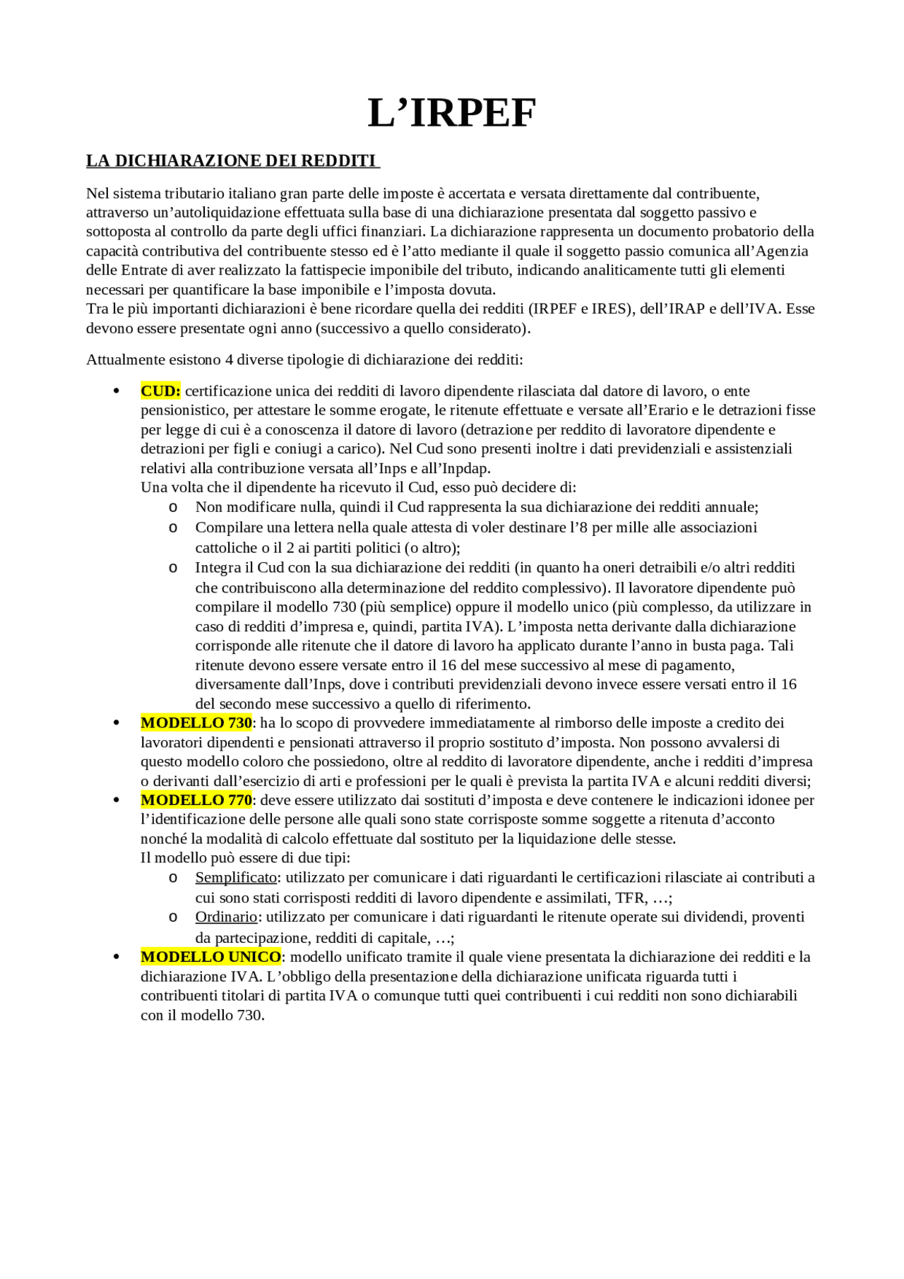 L'Imposta sul Reddito delle Persone Fisiche (IRPEF) - Docsity