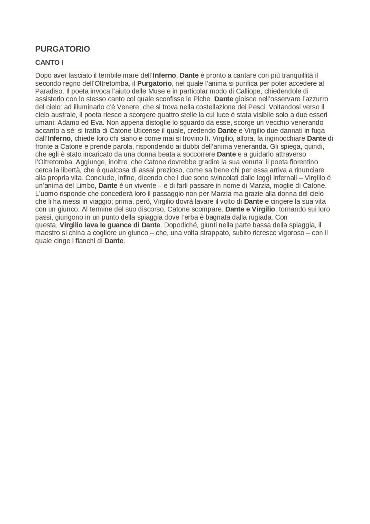 Riassunto canto I purgatorio Docsity