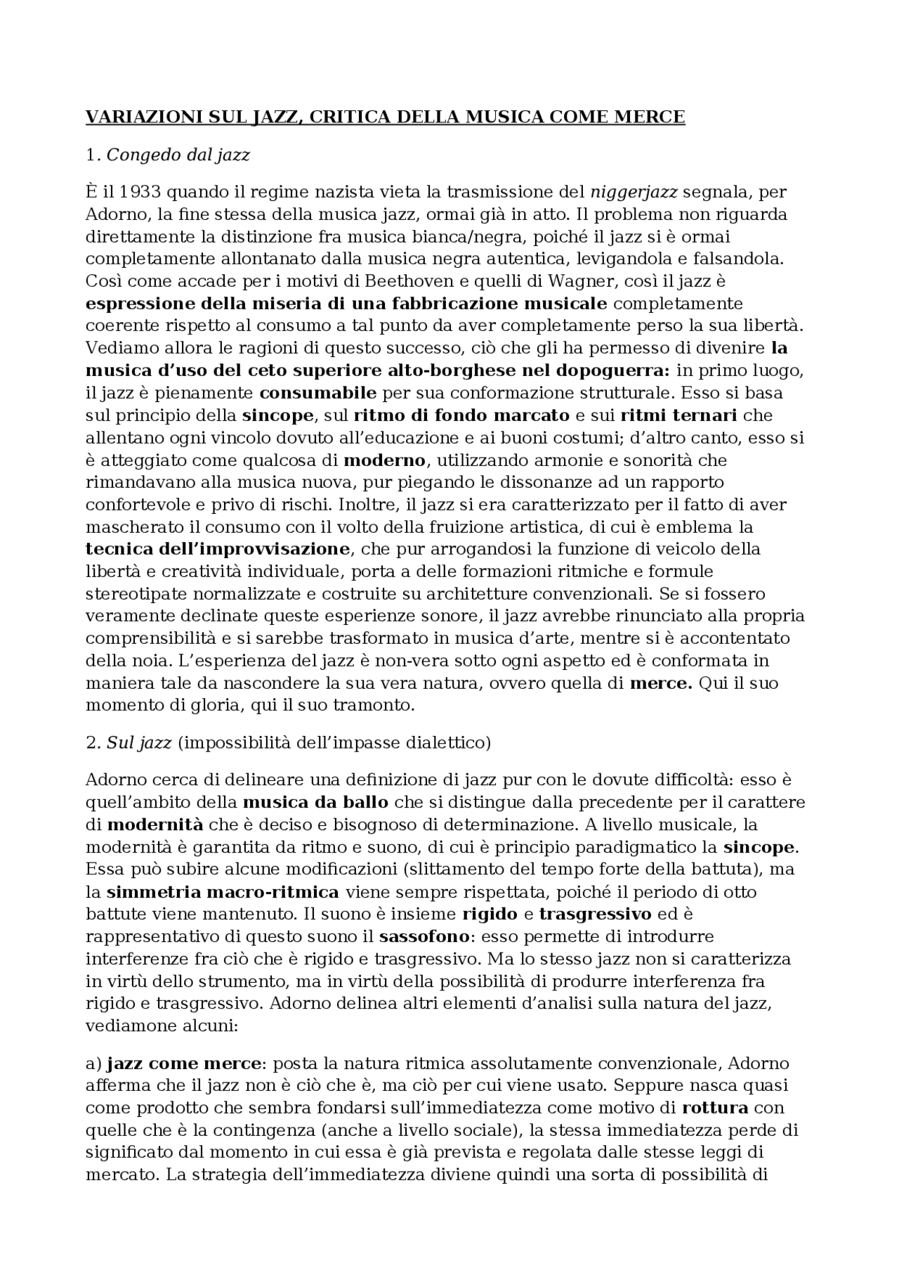 Variazioni sul Jazz, Adorno Sintesi del corso di Estetica Docsity