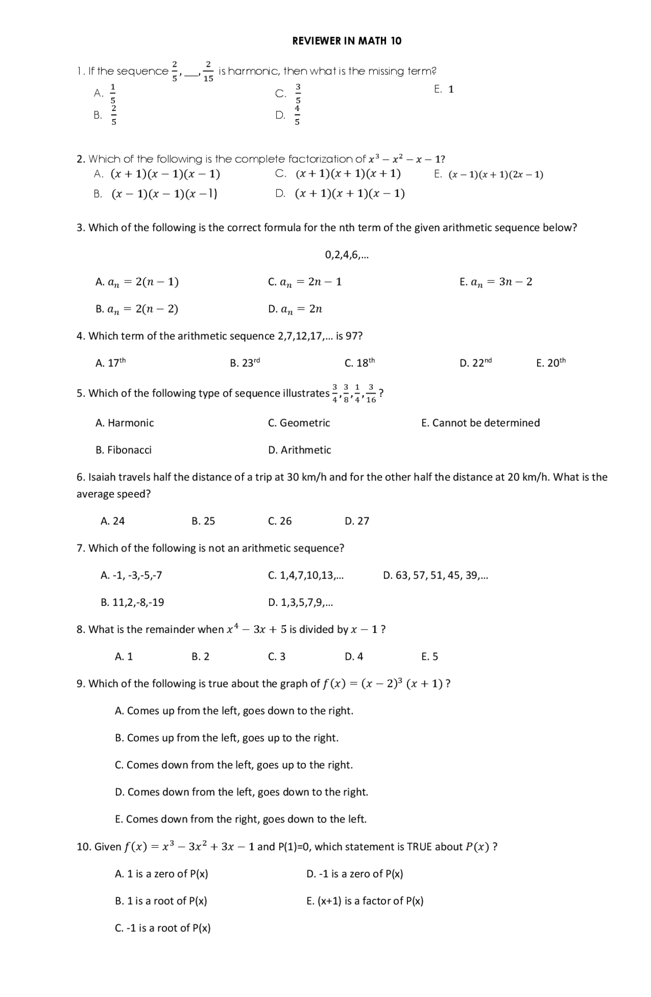 Math CET reviewer exercises - Docsity
