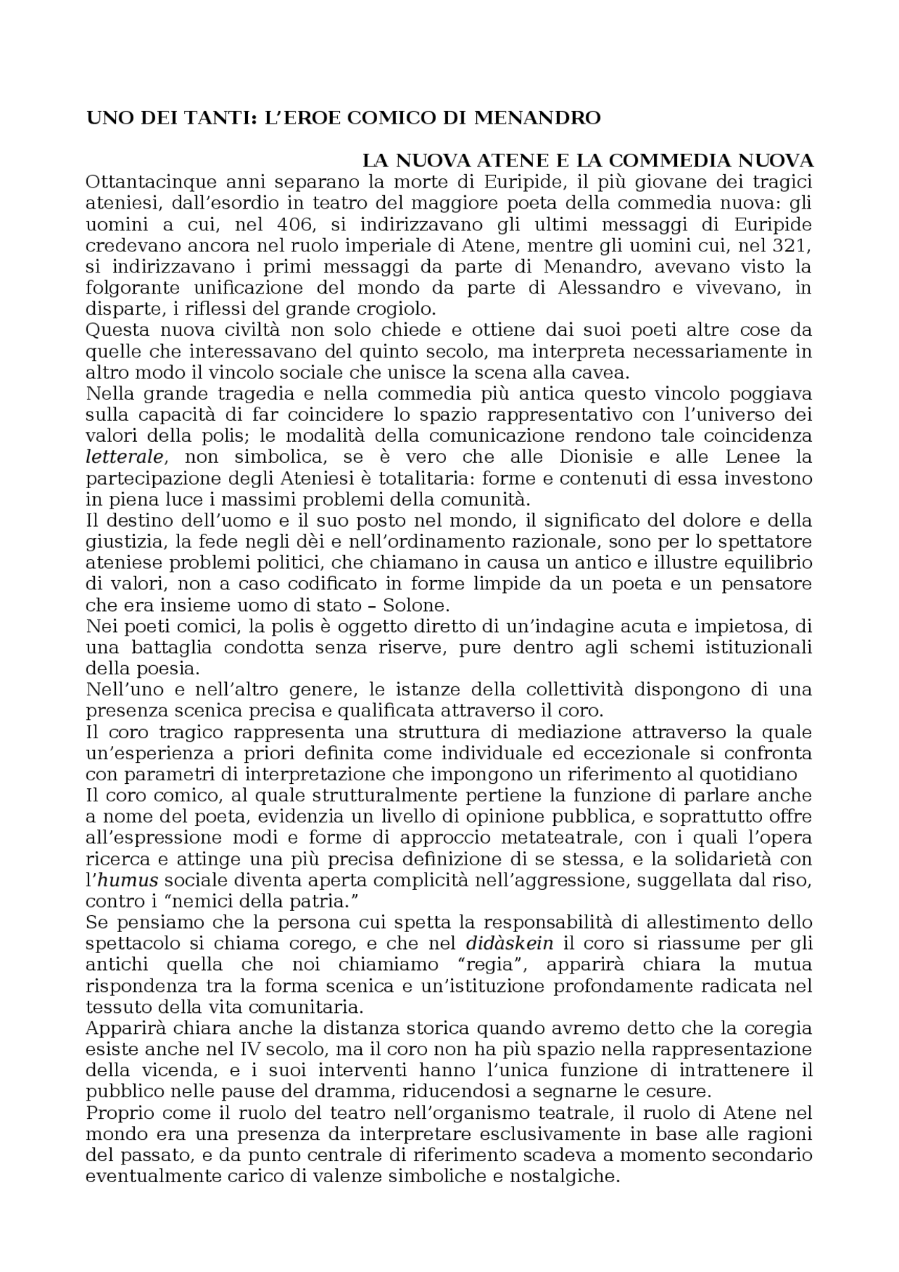 Menandro. Vita e opere. | Appunti di Letteratura Greca - Docsity