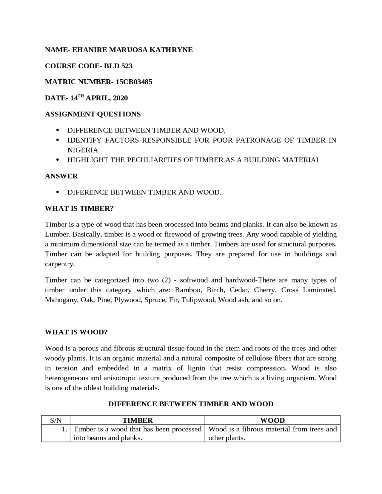 Wood Assignment Understanding the Differences and Properties of Timber and Wood as ...