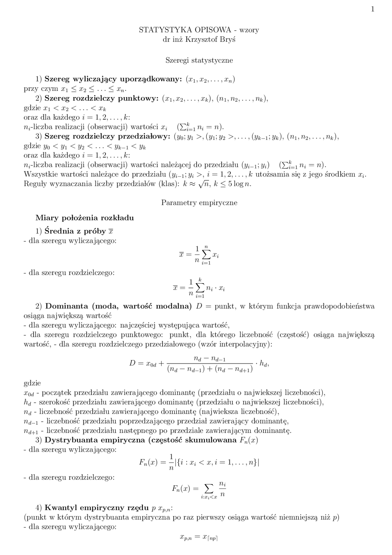 Statystyka opisowa - wzory, wyjaśnienia - Docsity