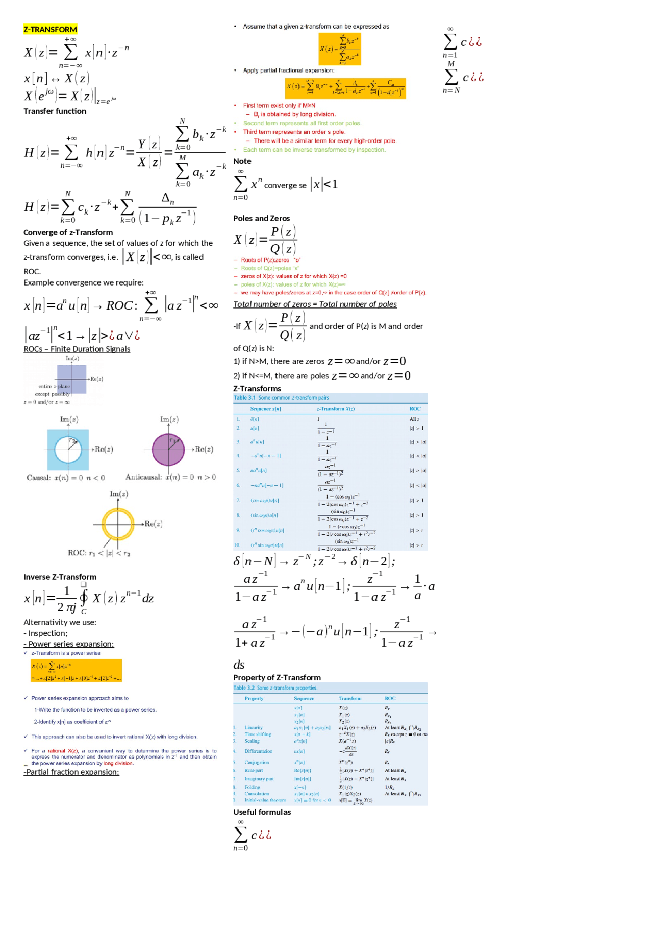 Basic Z Transform Formulas Z-Transform formula sheet - Docsity