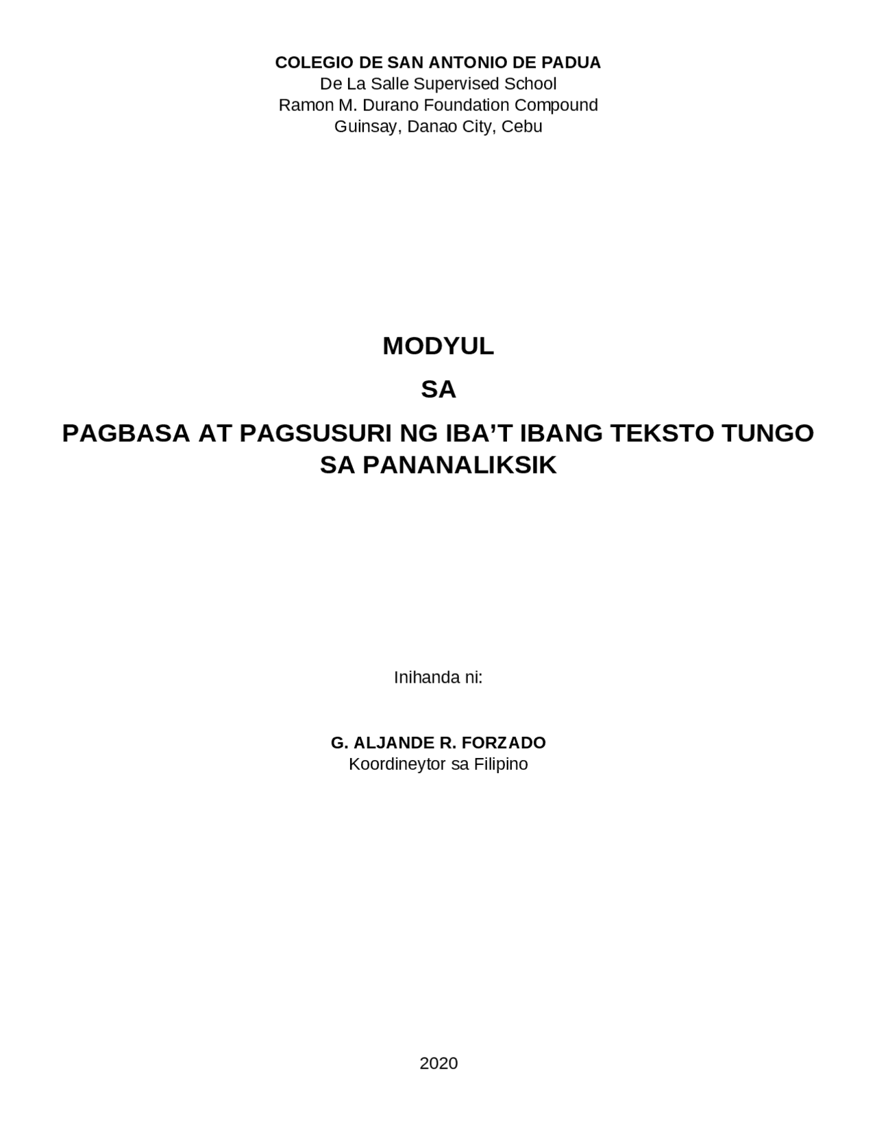 Modyul 1 sa Asignaturang Pagbasa at Pagsusuri - Docsity
