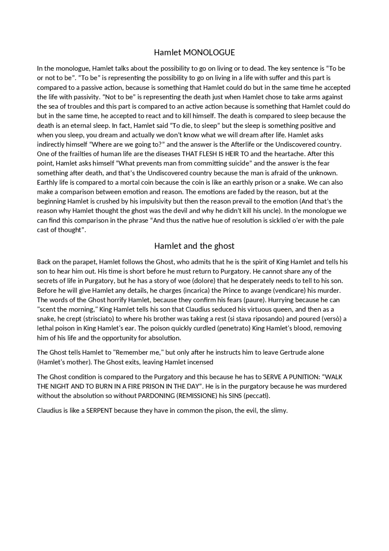 Hamlet Monologue notes (in english) - Docsity